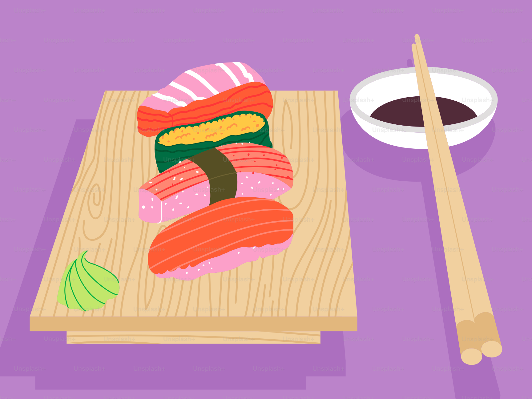 Une assiette de sushis et de baguettes sur fond violet