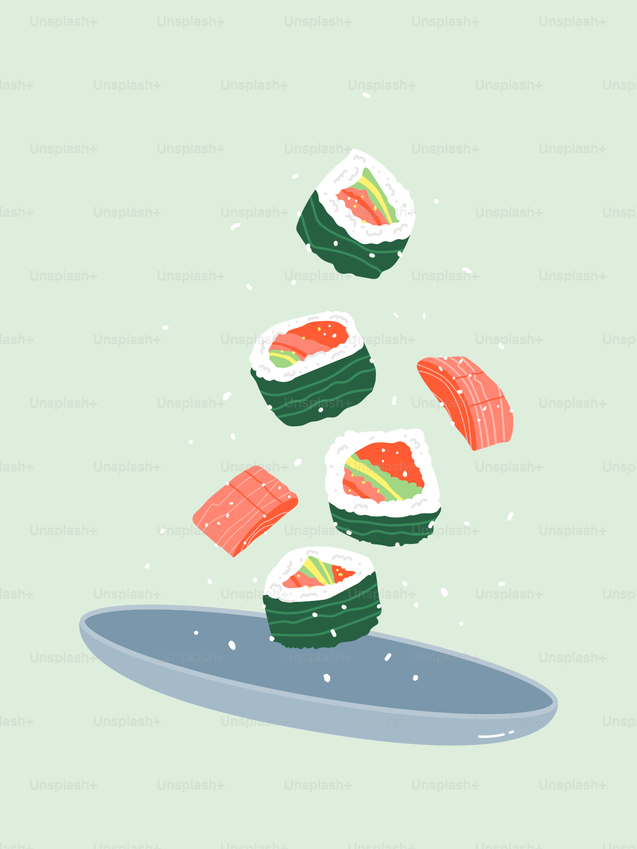 Sushi flying out of a plate on a green background