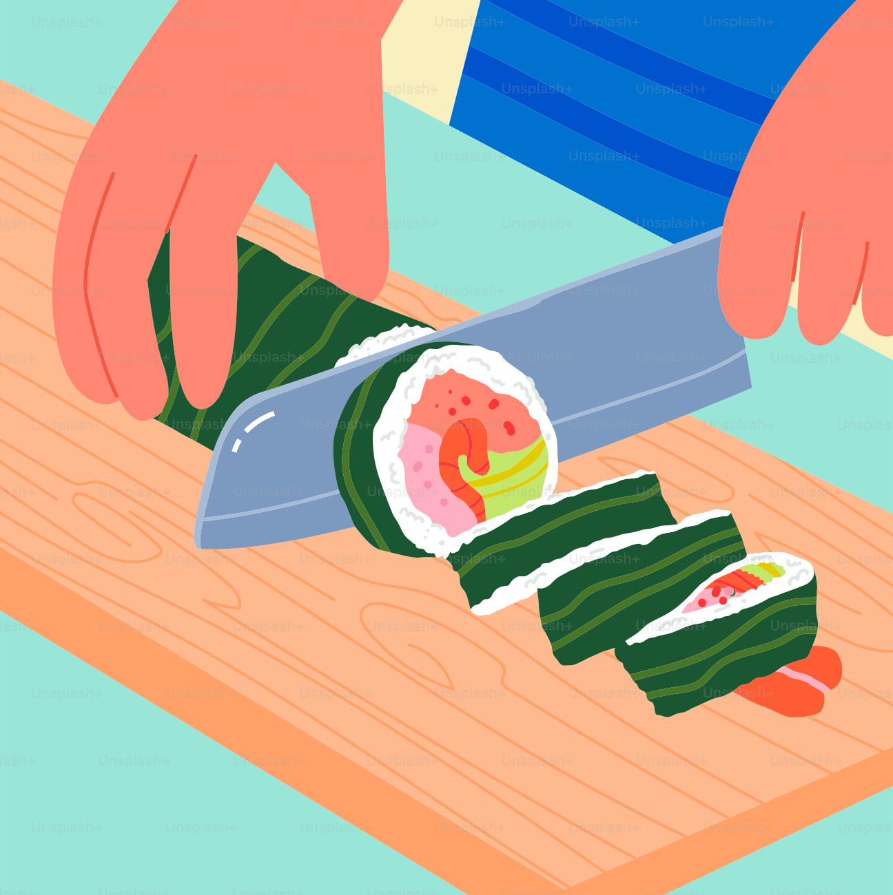 Une personne découpant un sushi sur une planche à découper