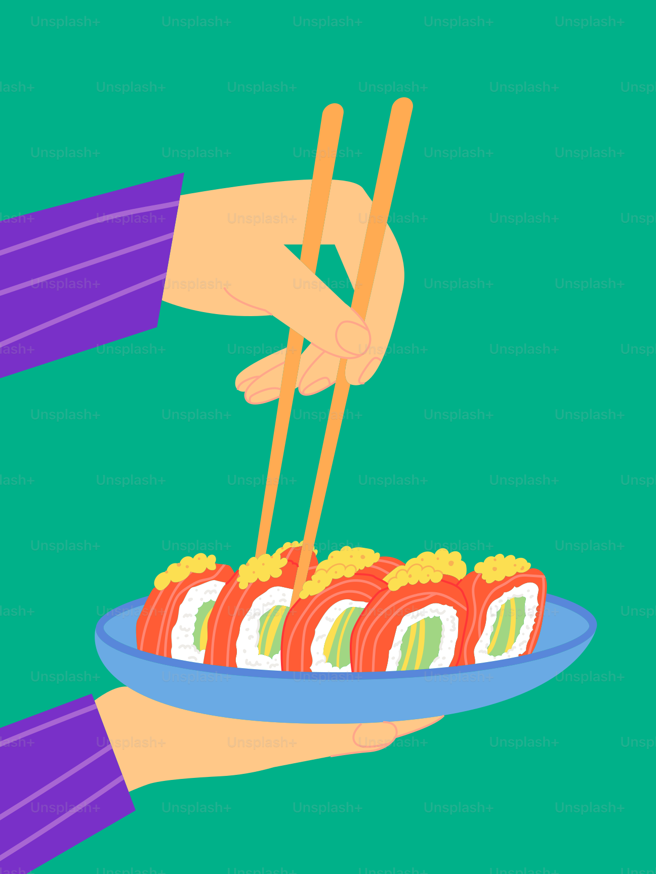 Une personne tenant une assiette de sushis avec des baguettes