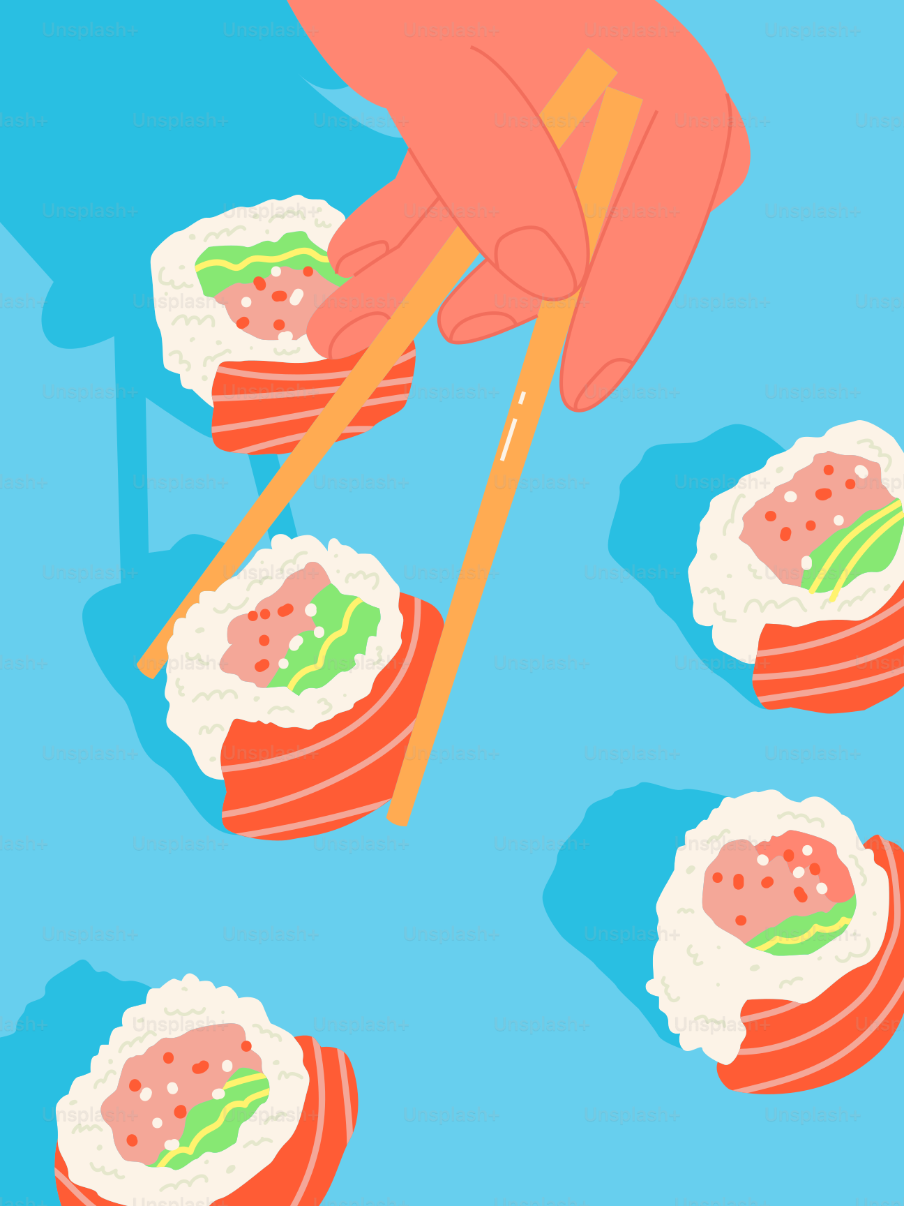 Une personne tenant des baguettes au-dessus d’une assiette de sushis