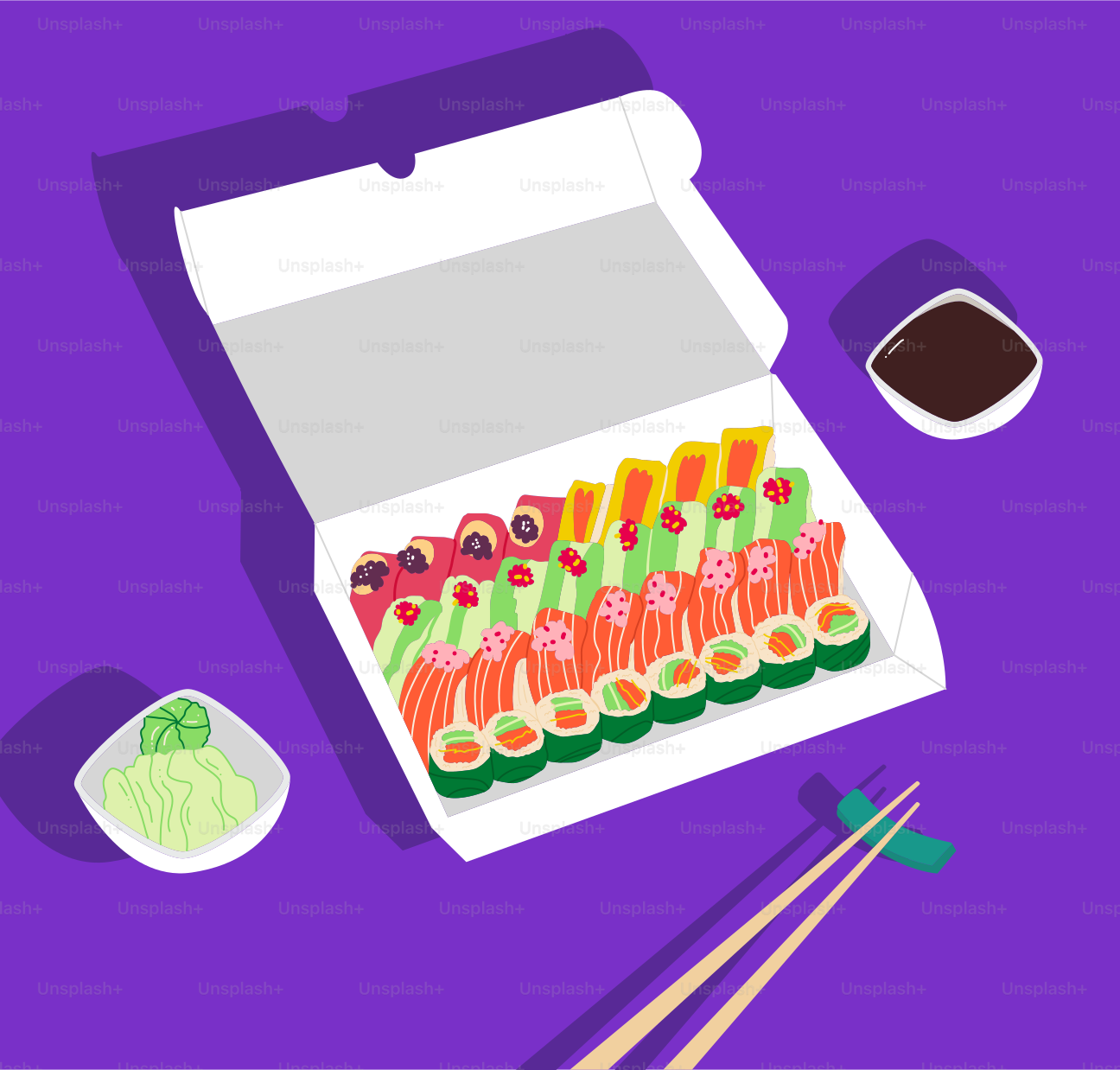 Une boîte de sushis et des baguettes sur fond violet