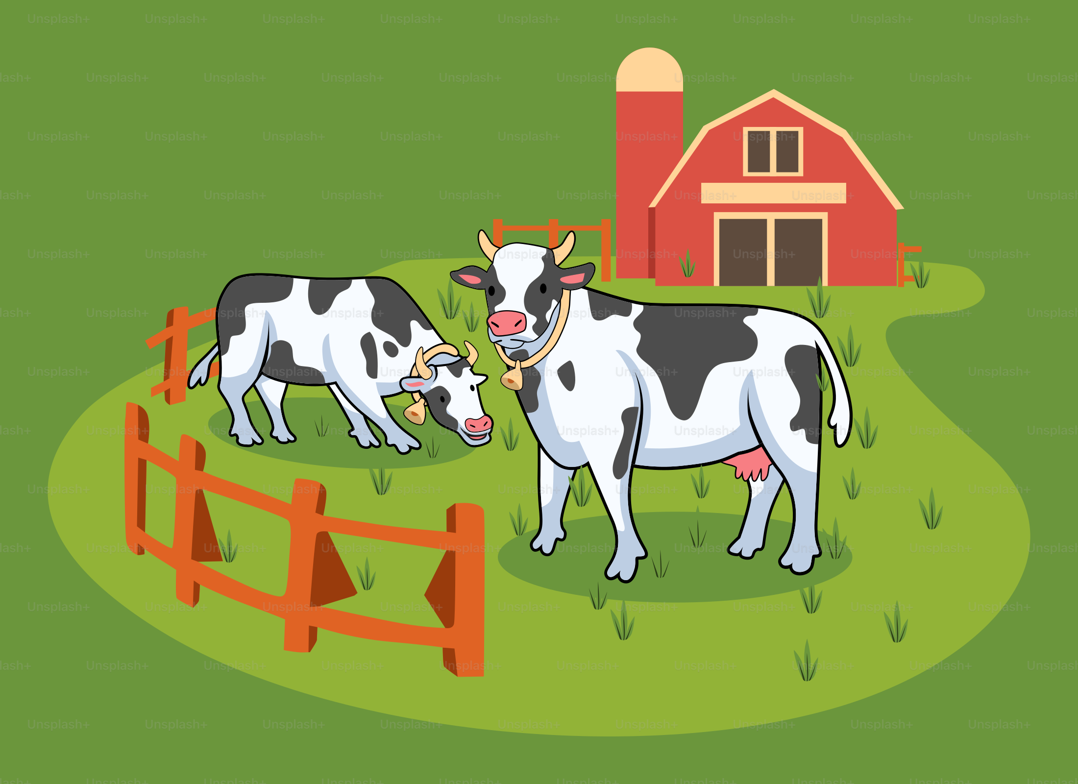 A couple of cows standing on top of a lush green field