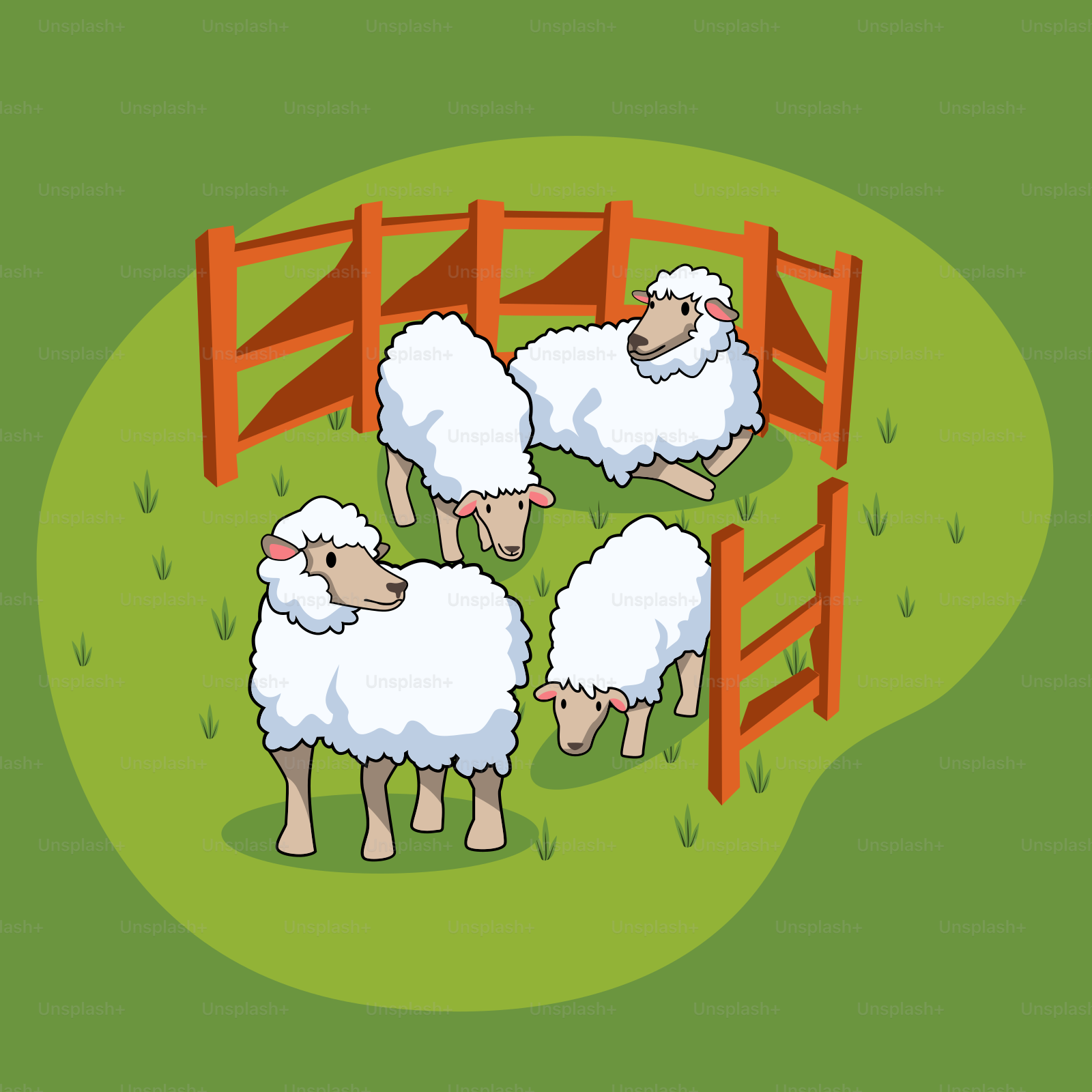 Um rebanho de ovelhas parado ao lado de uma cerca de madeira