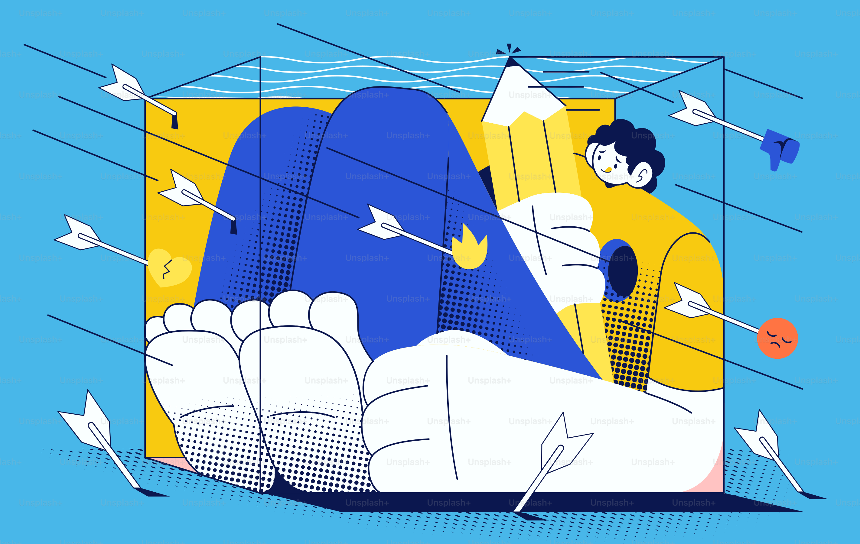 A blue and yellow illustration of a person laying on a couch