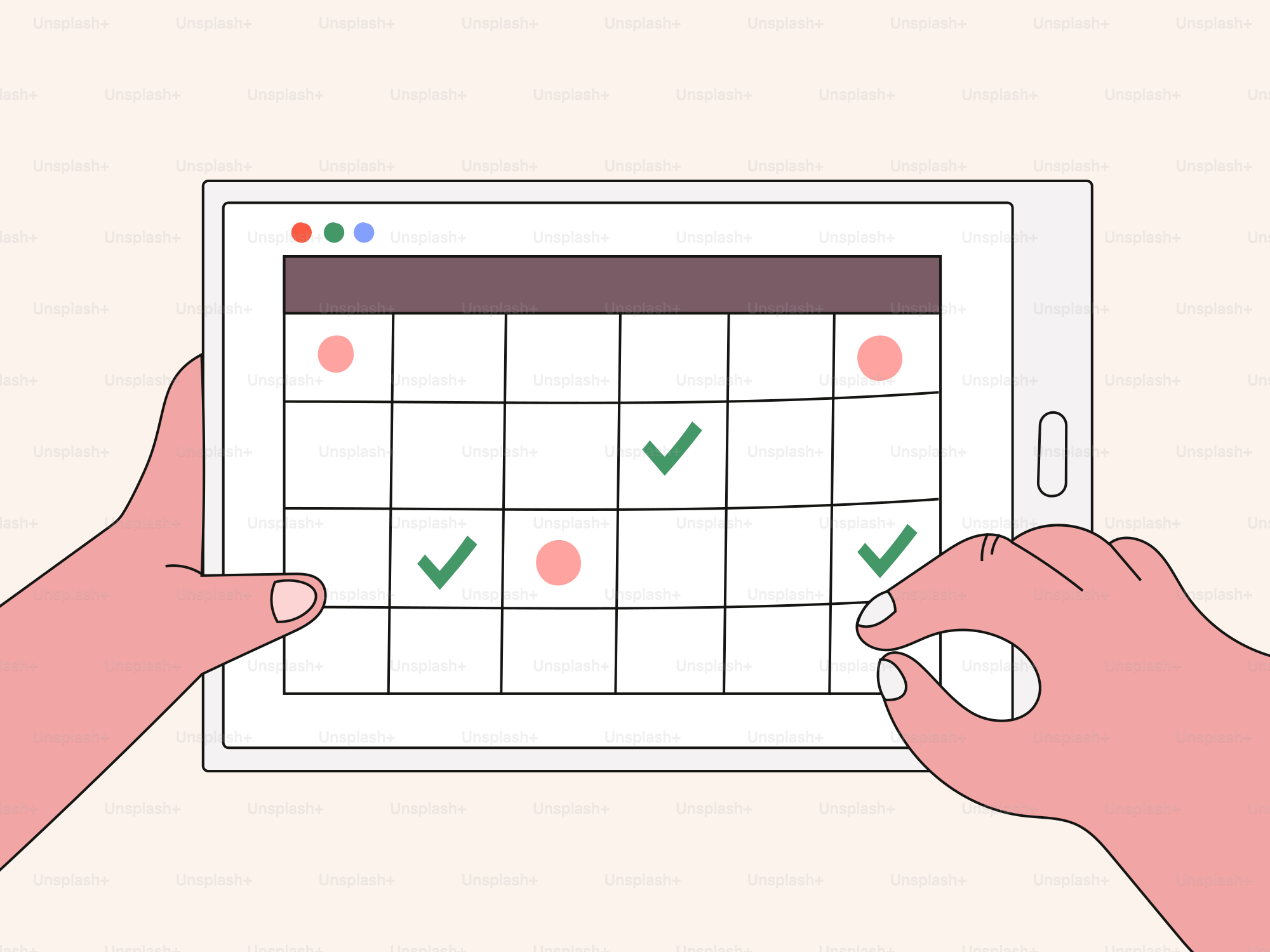 Two hands holding a tablet with a calendar on it
