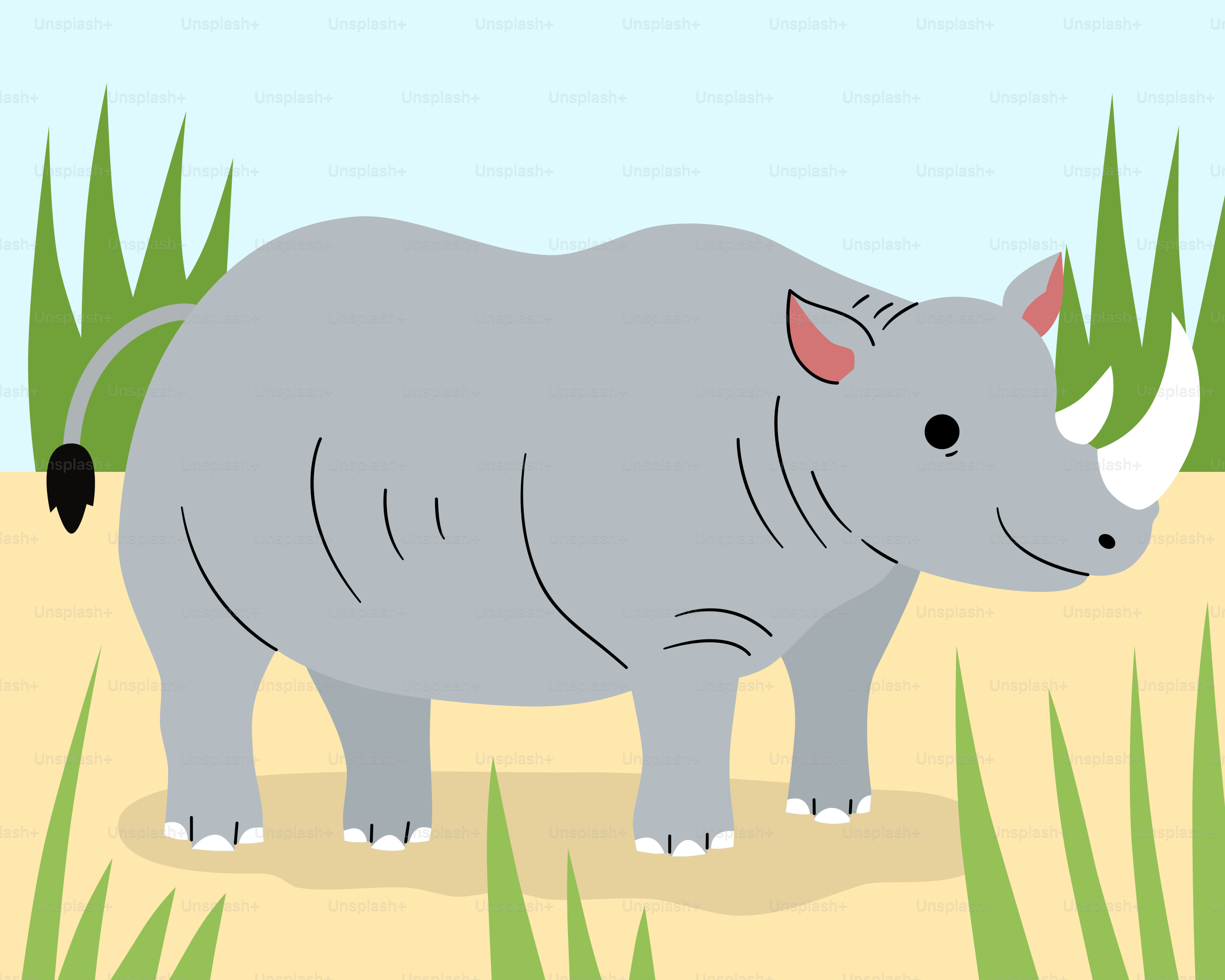 A rhino standing in a field of grass