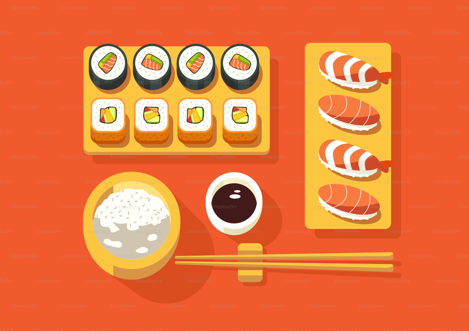 Sushi and chopsticks on an orange background