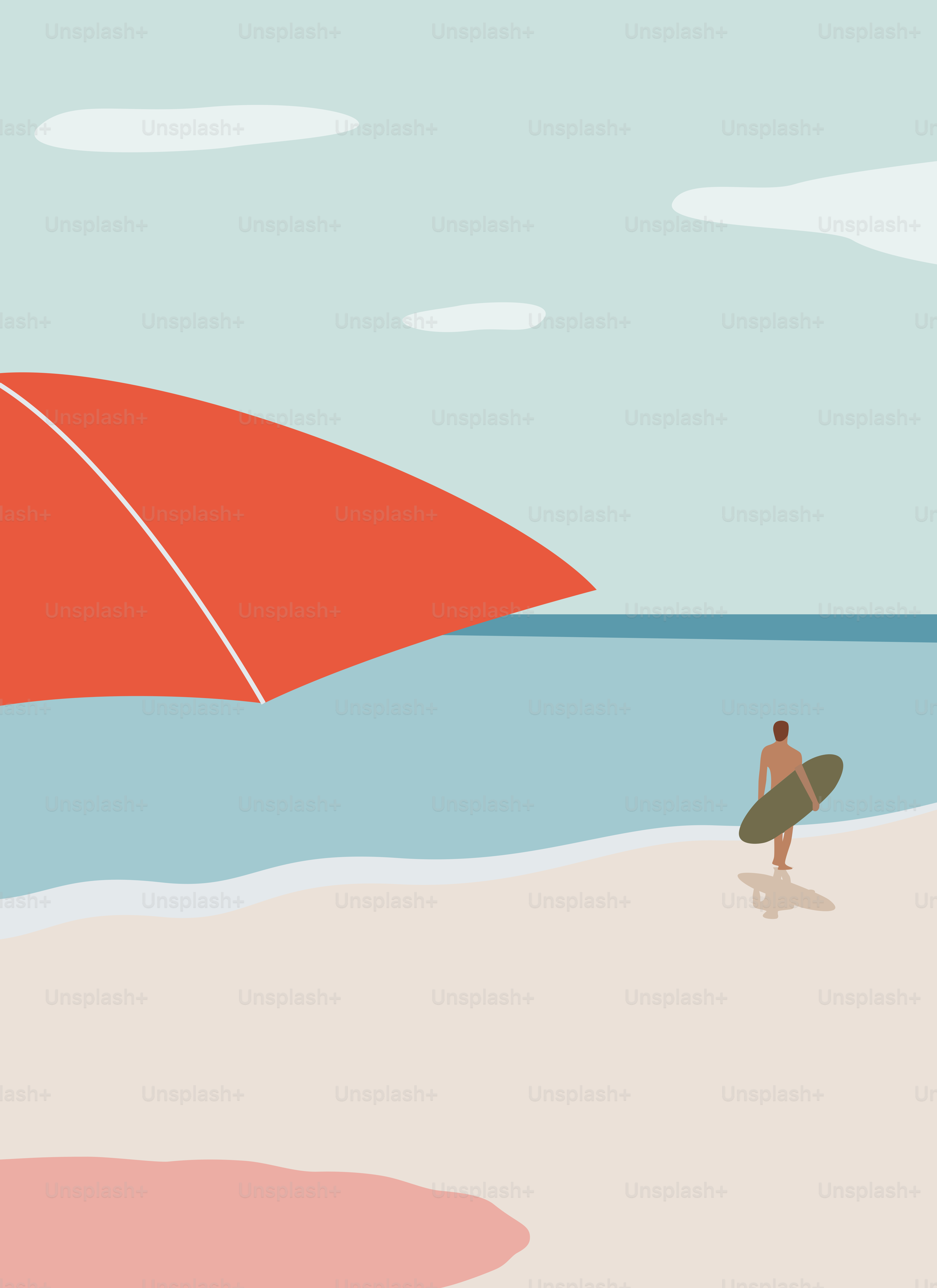 Un hombre cargando una tabla de surf bajo una sombrilla en una playa