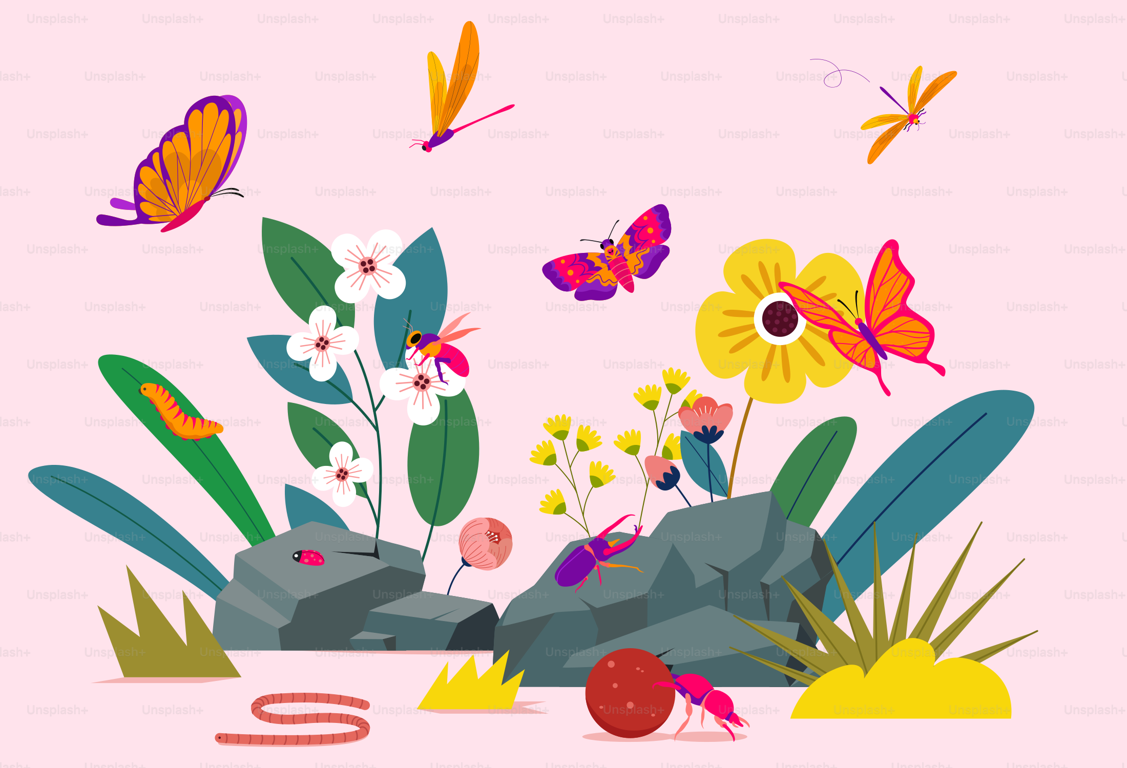 A pink background with a bunch of flowers and butterflies