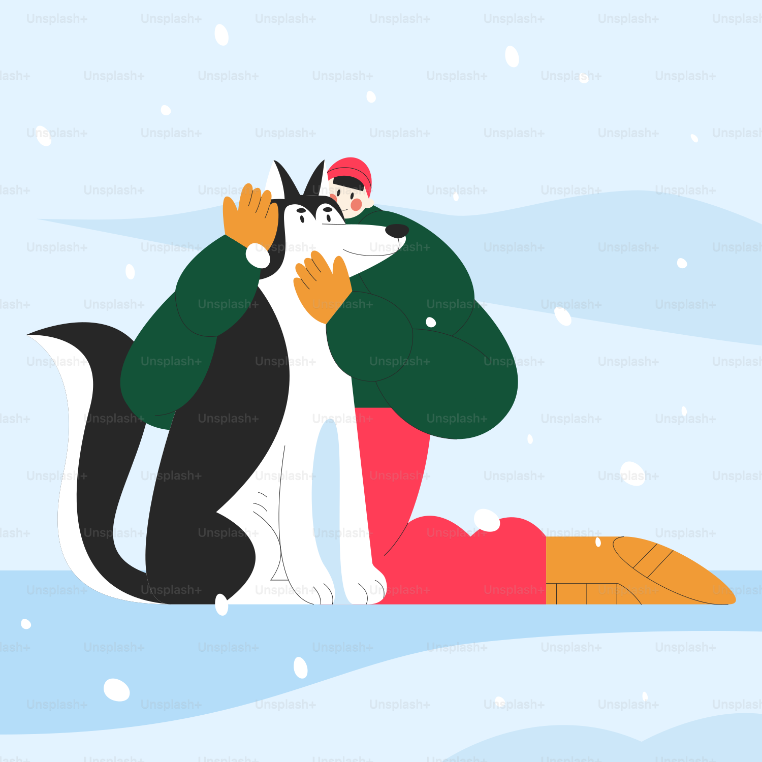 A person hugging a cat in the snow