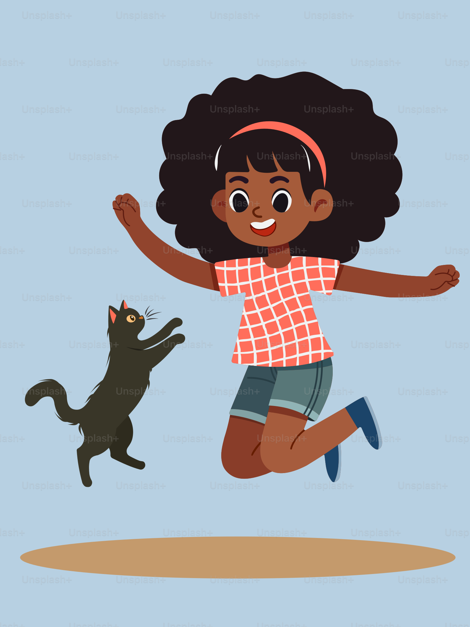 A little girl is jumping with a cat