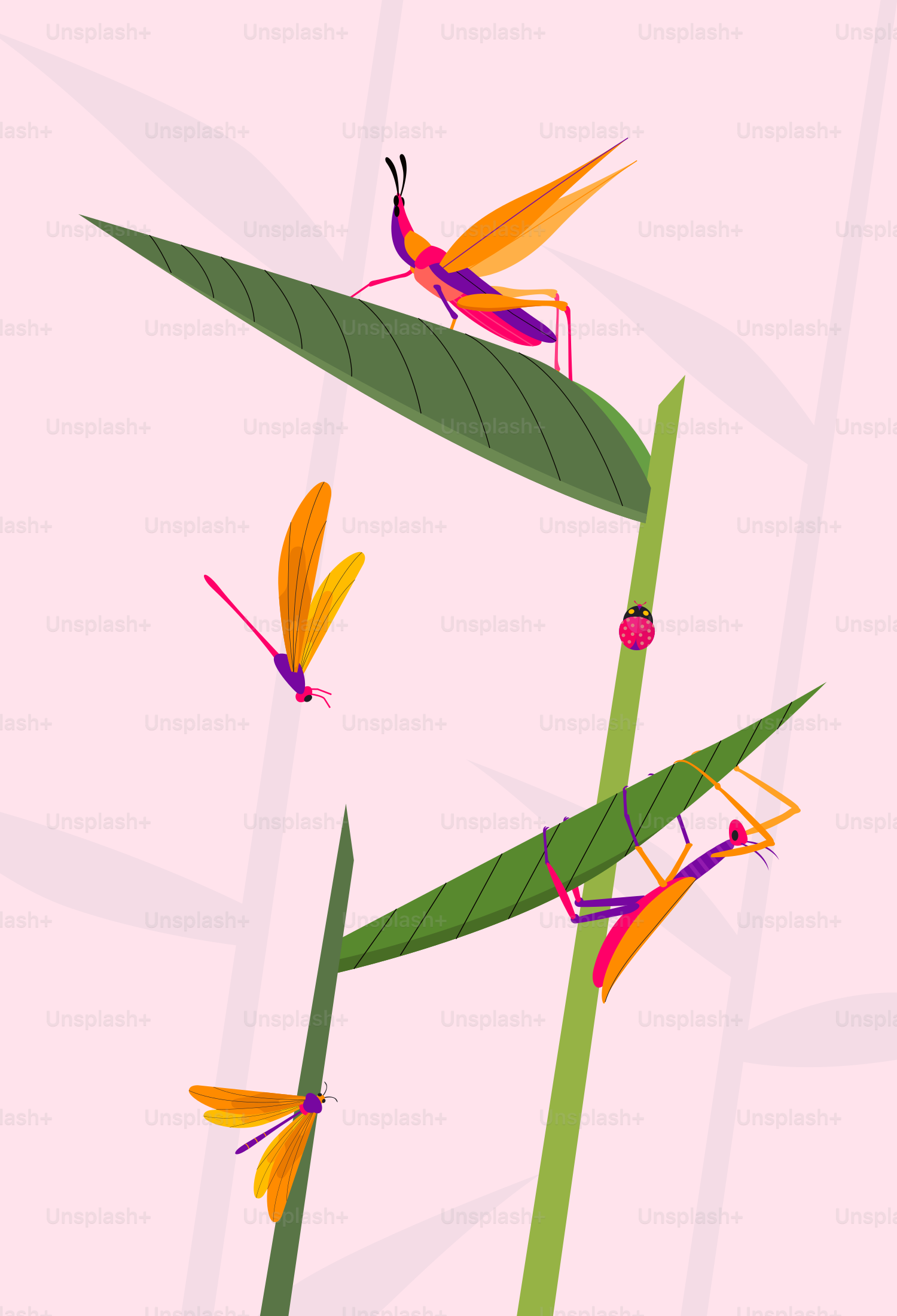A pink background with dragonflies on a plant