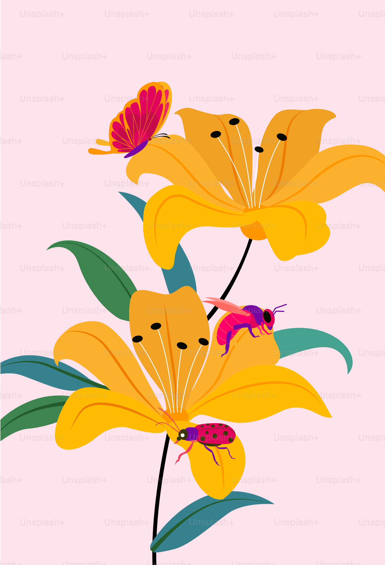 A pink background with yellow flowers and two bugs