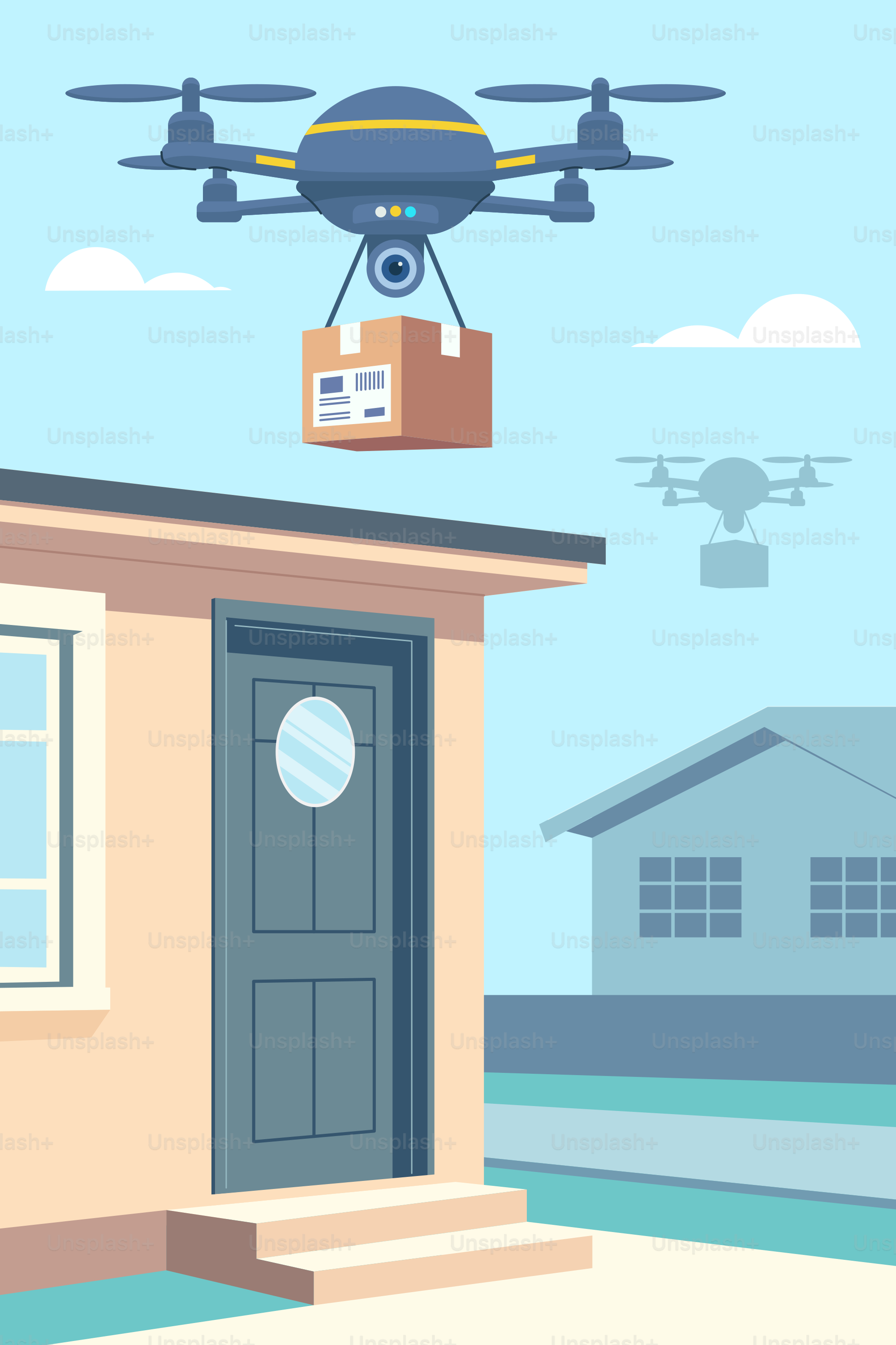 Ein kleines Haus, über das eine Kiste fliegt
