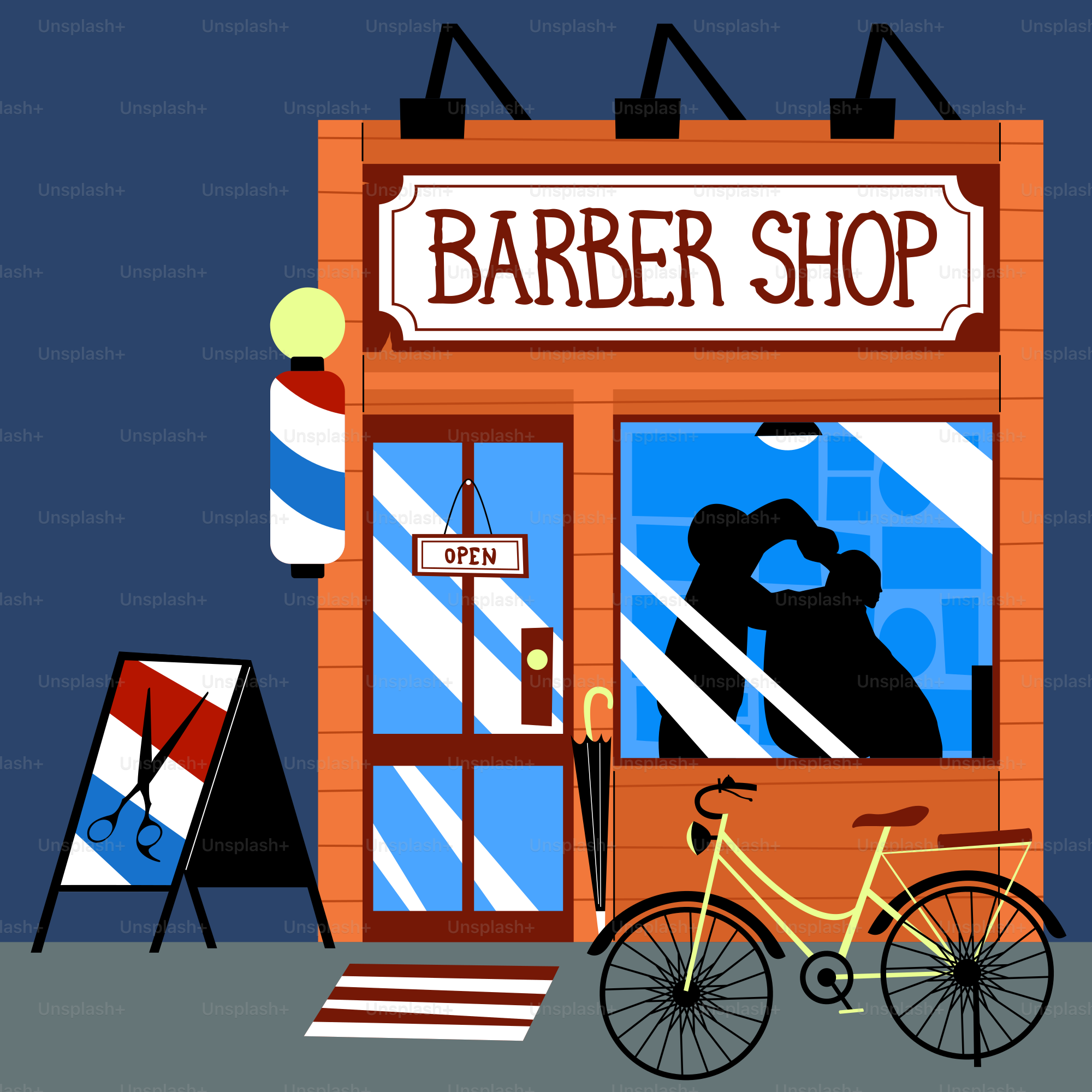 A barber shop with a bicycle parked outside of it