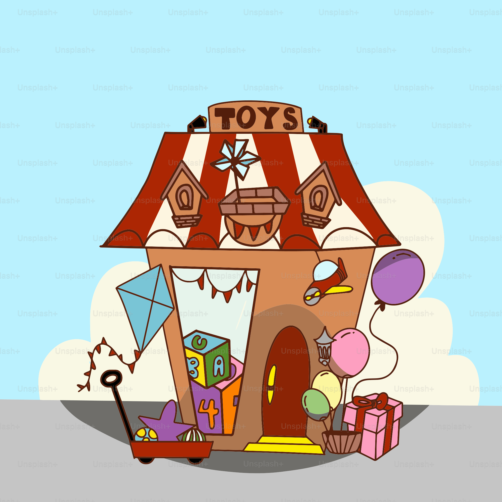 A toy's house with balloons and a kite