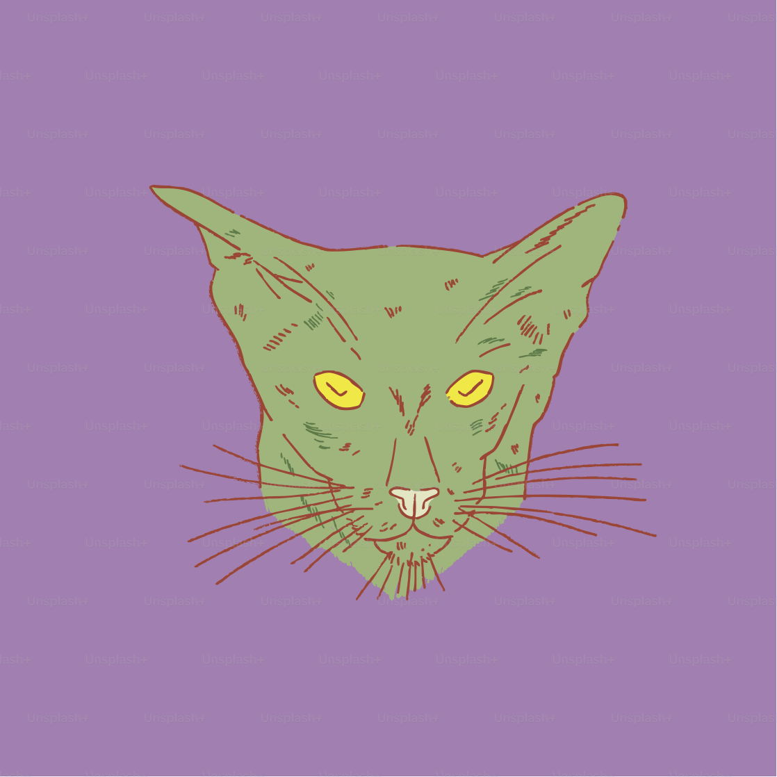 A green cat with yellow eyes on a purple background