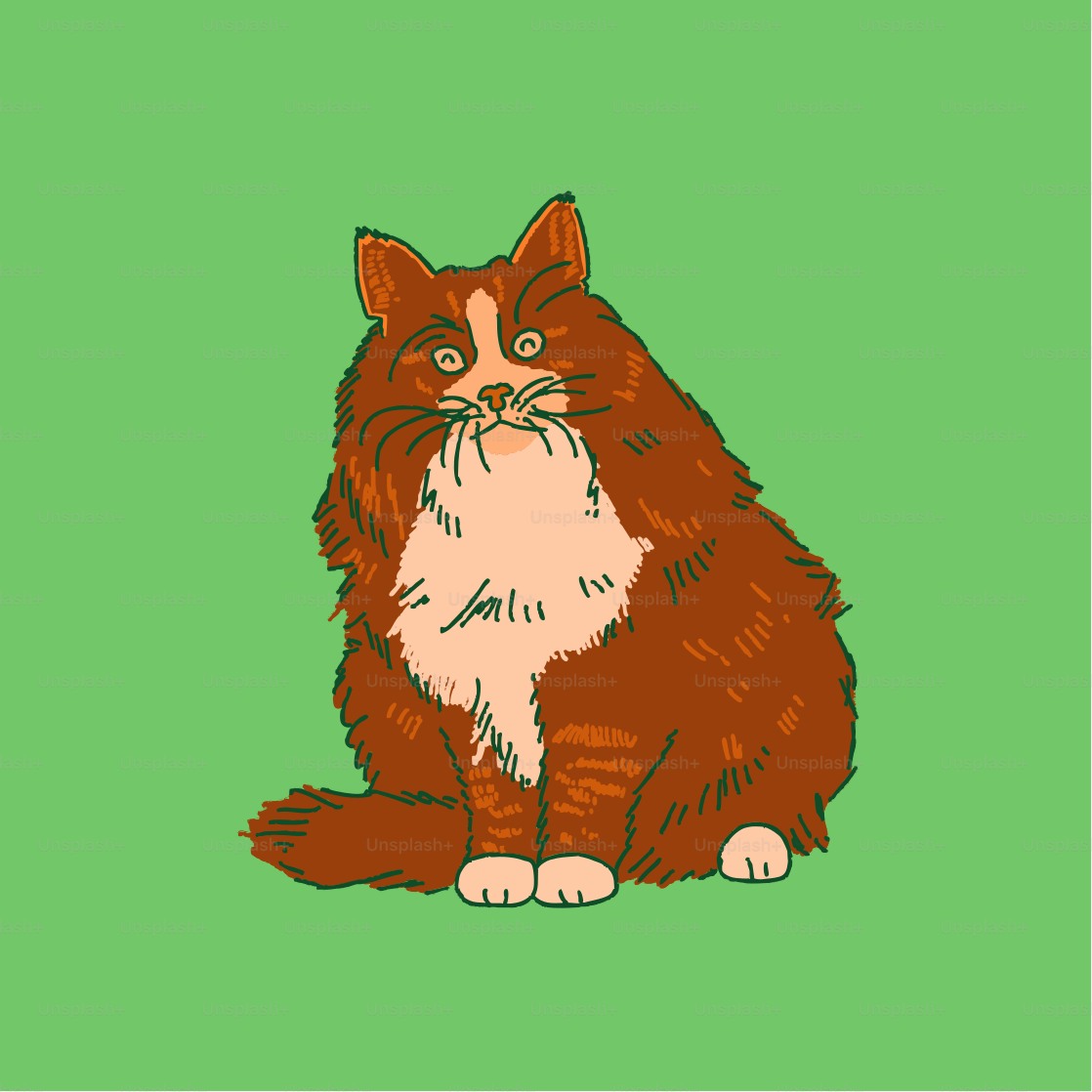 A brown and white cat sitting on top of a green background