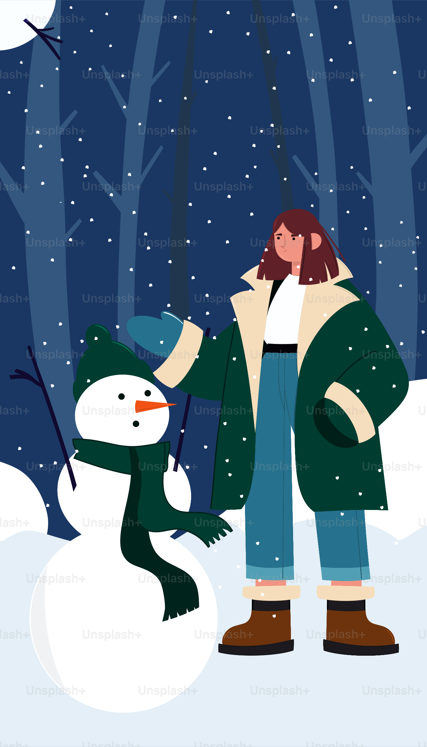 A person standing next to a snowman in the snow