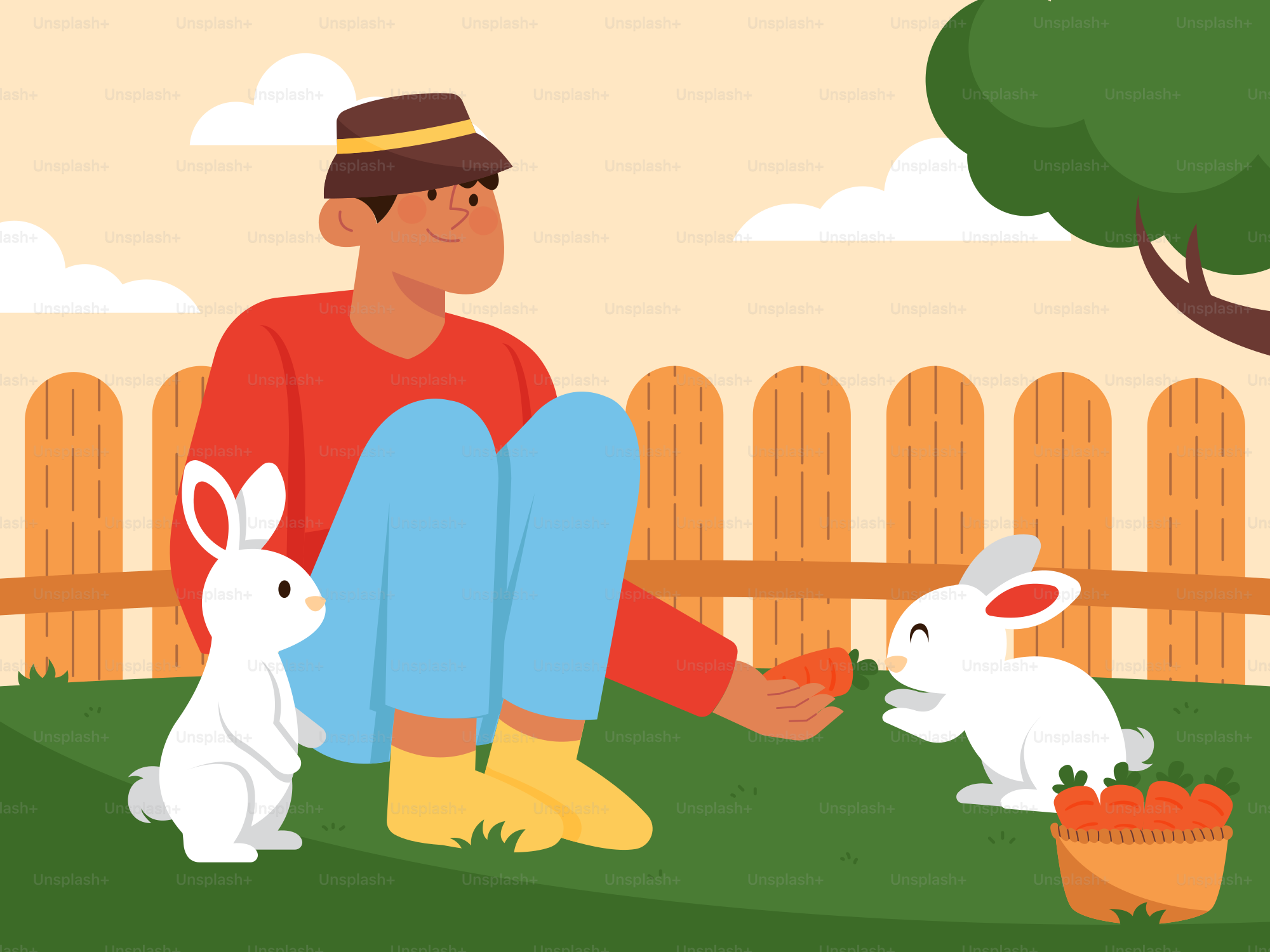 Ein Mann sitzt mit zwei Kaninchen im Gras