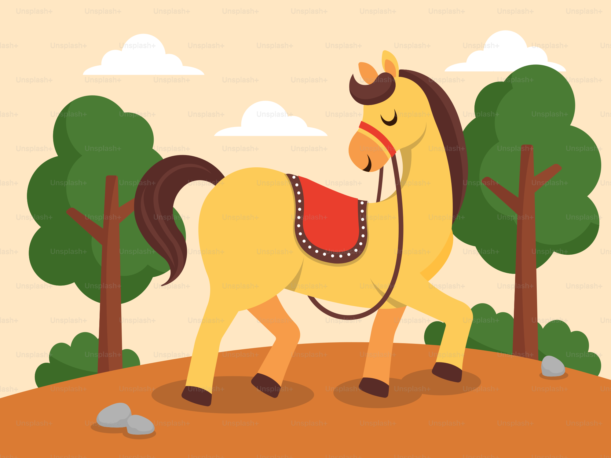 Ein Cartoon-Pferd mit einem Sattel auf dem Rücken