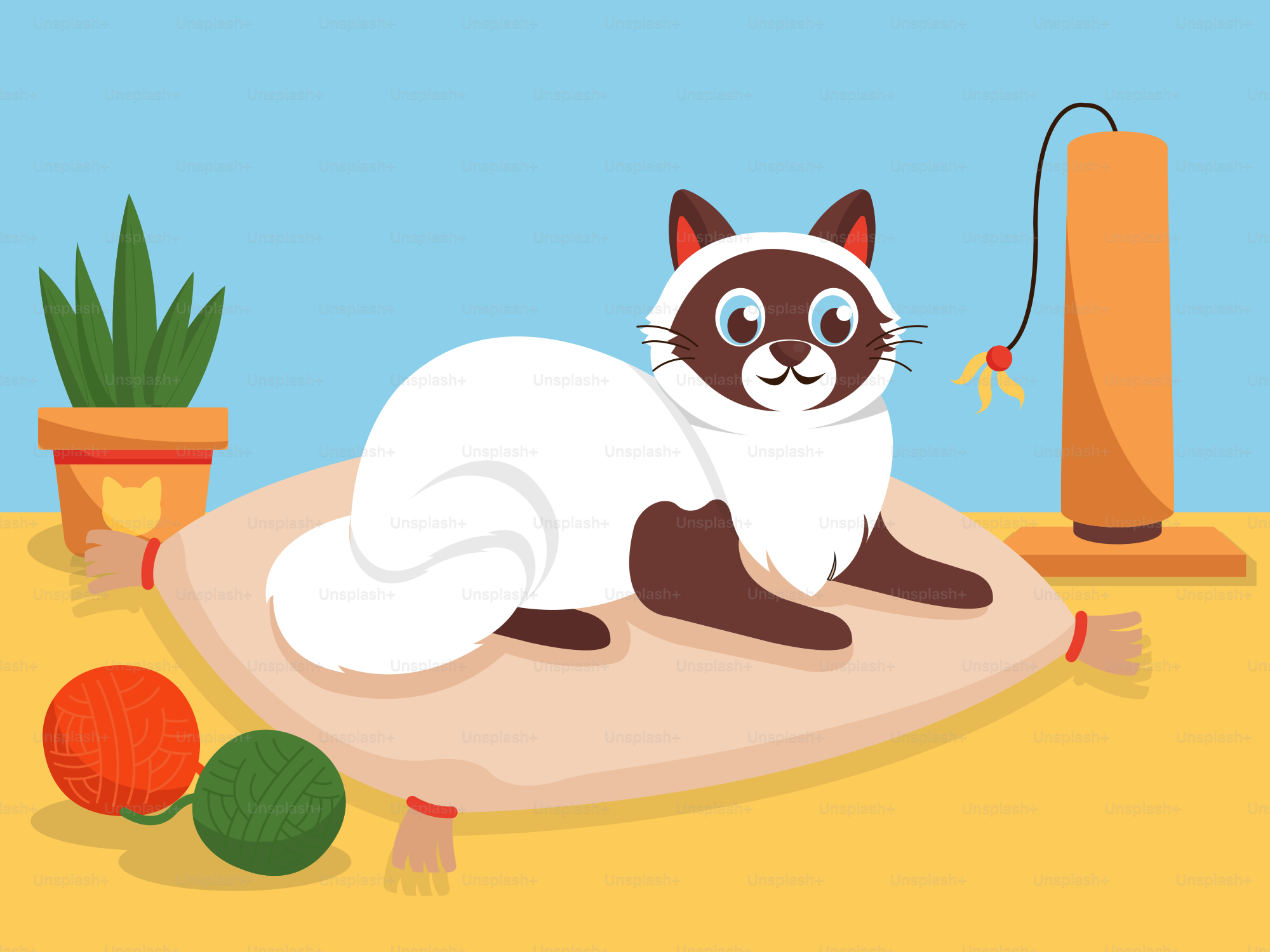 Eine schwarz-weiße Katze, die auf einem Teppich liegt