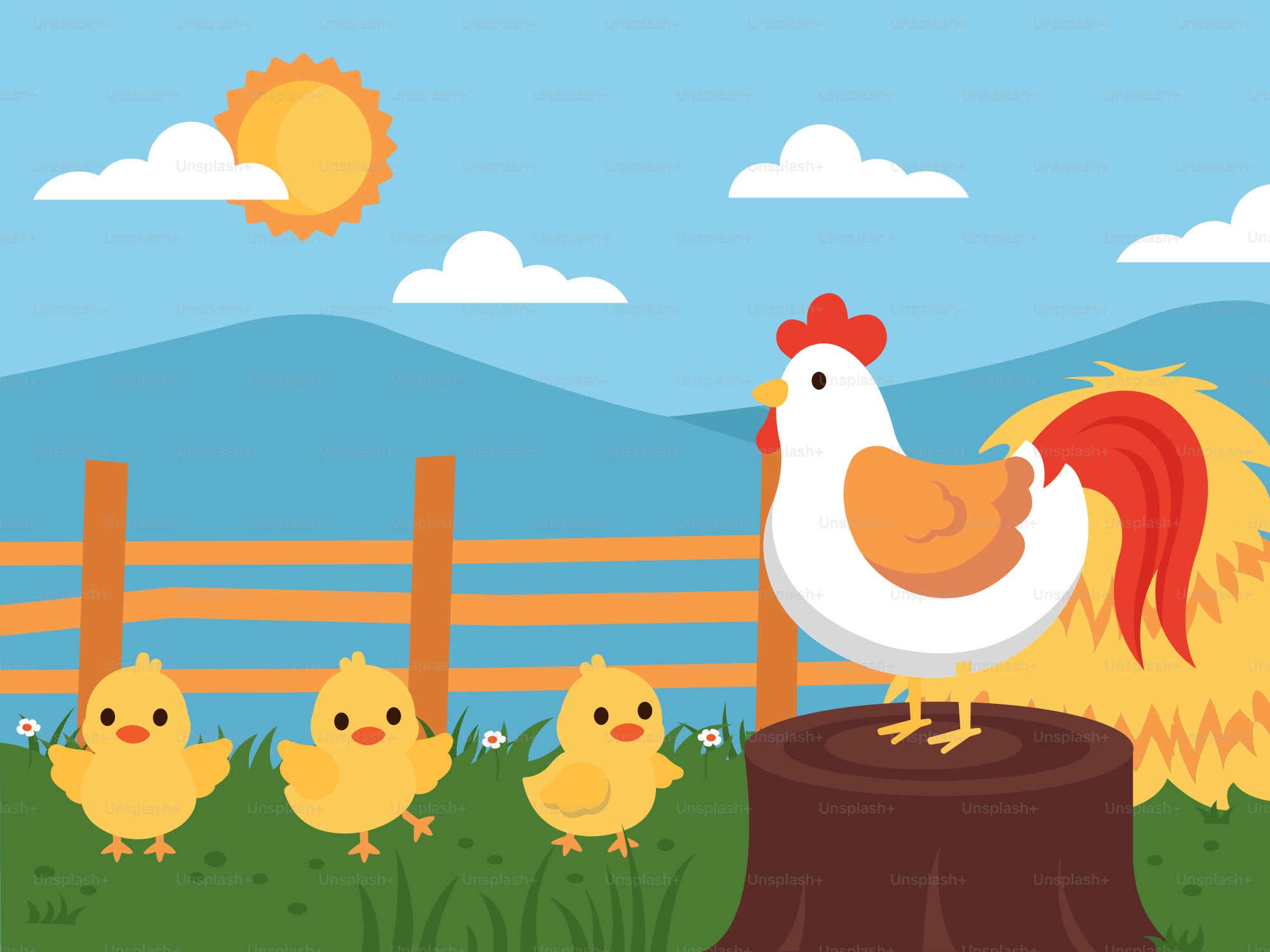 Eine Gruppe von Hühnern, die auf einem Baumstumpf stehen