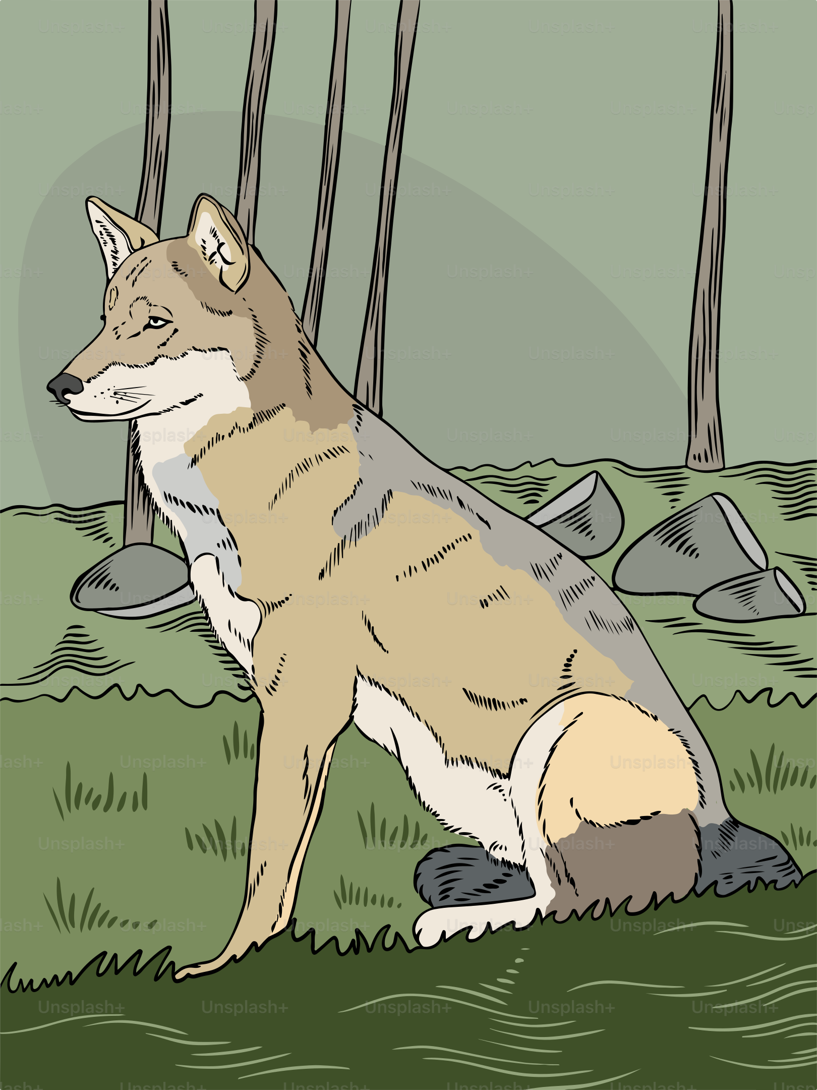 Un lupo in piedi in un campo con una pietra sullo sfondo vettoriale –  Immagine di Animale su Unsplash, image size:3000x4000