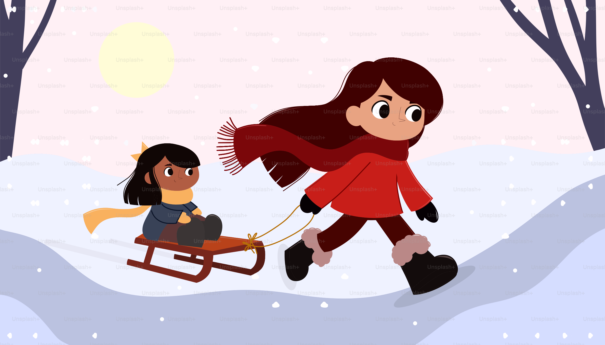 A woman pulling a child on a sled in the snow