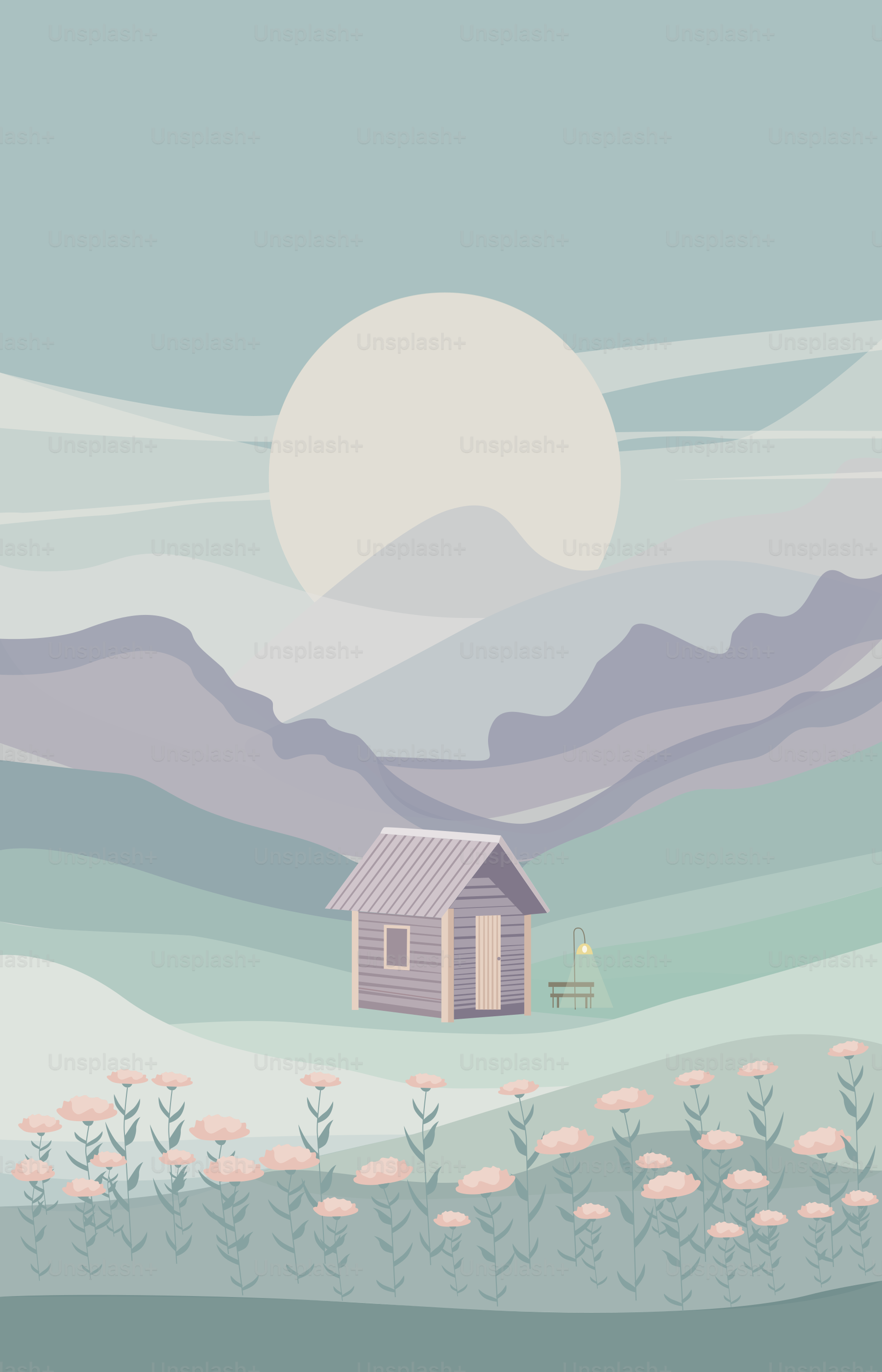 A house in a field with mountains in the background