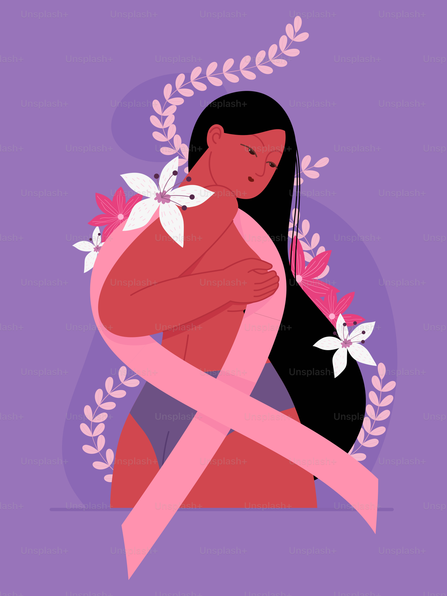 A woman with a breast holding a pink ribbon