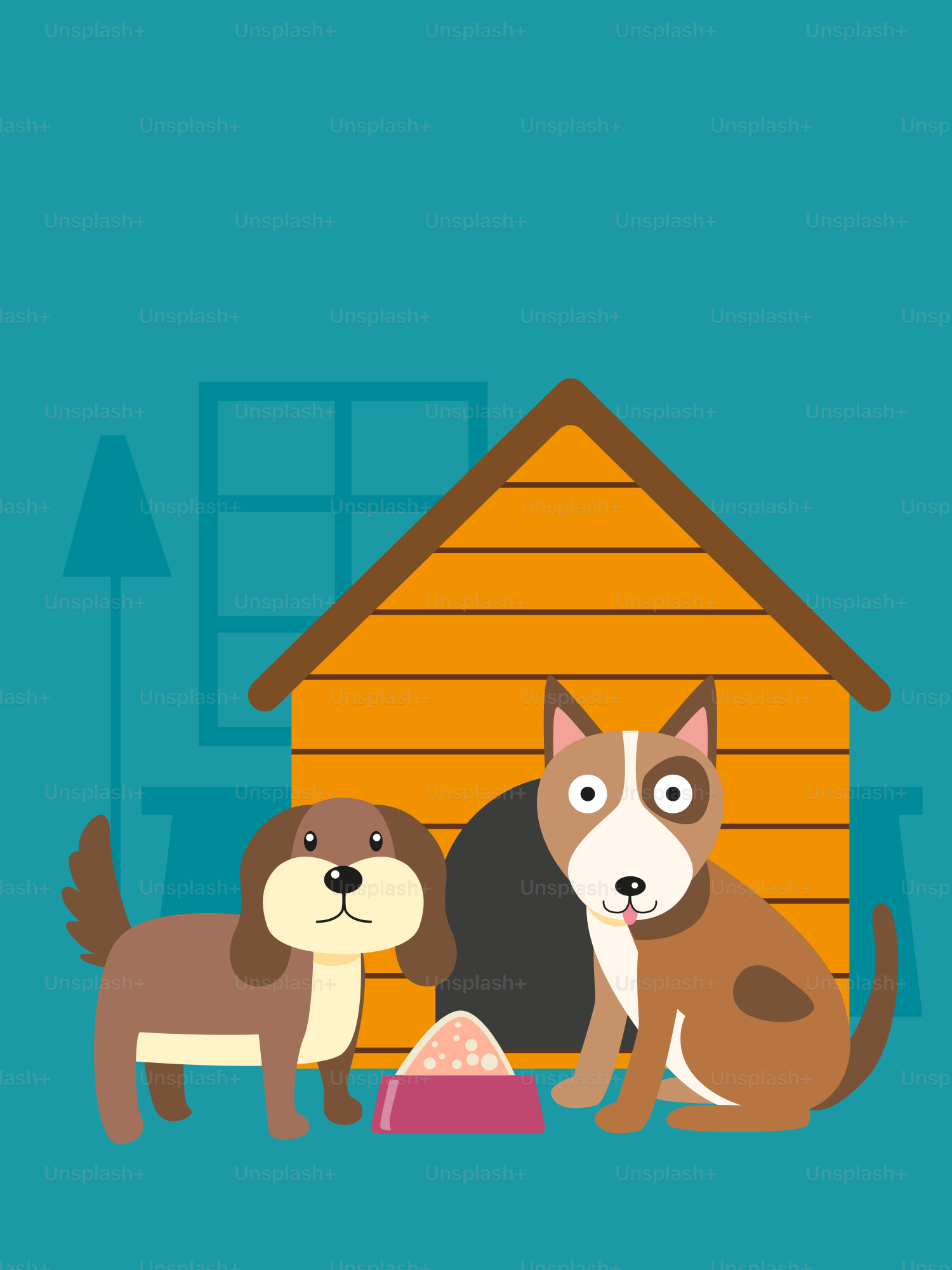 Deux chiens et une niche sur fond bleu