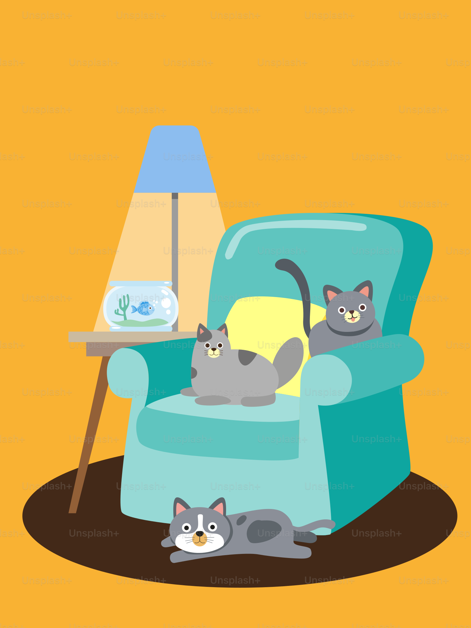 Two cats sitting in a blue chair next to a lamp