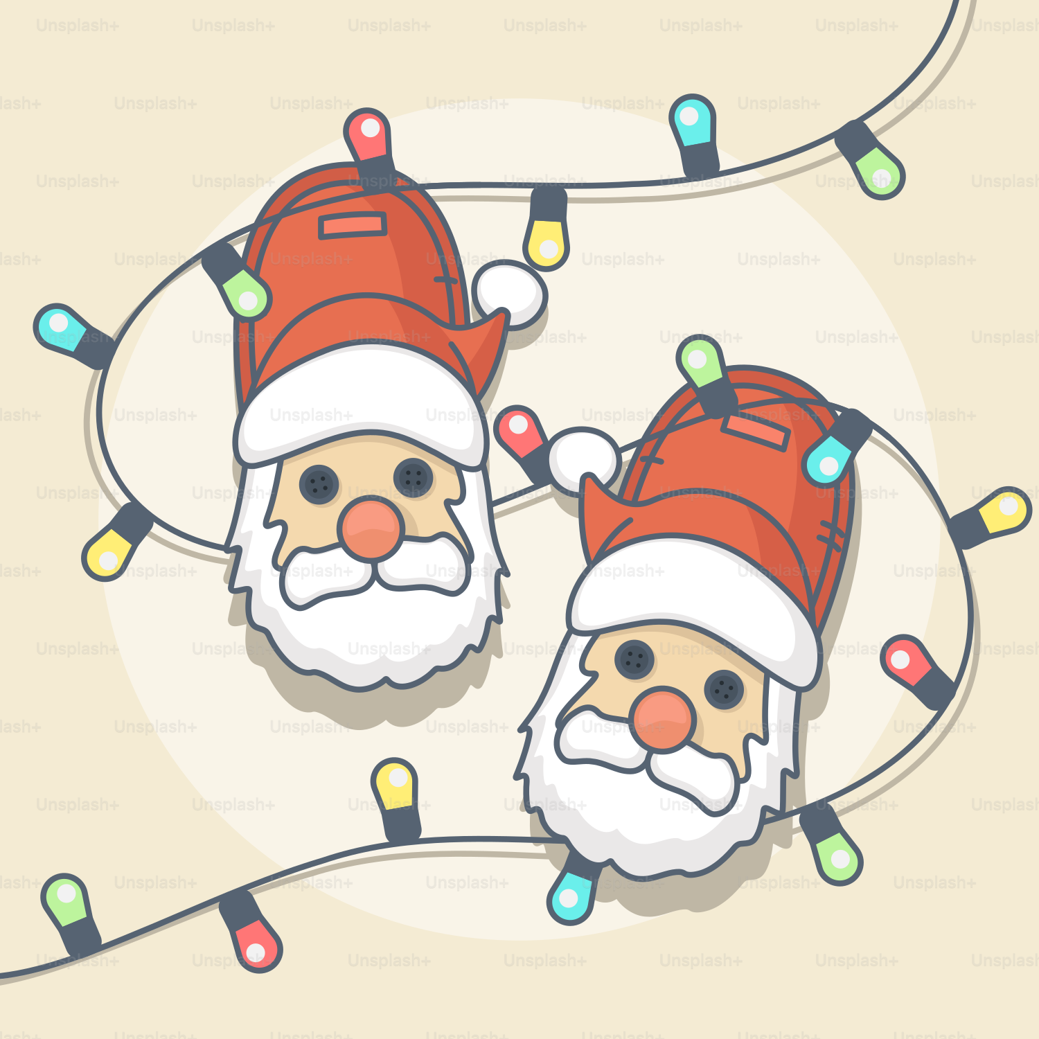 A couple of santa clauss with christmas lights on them