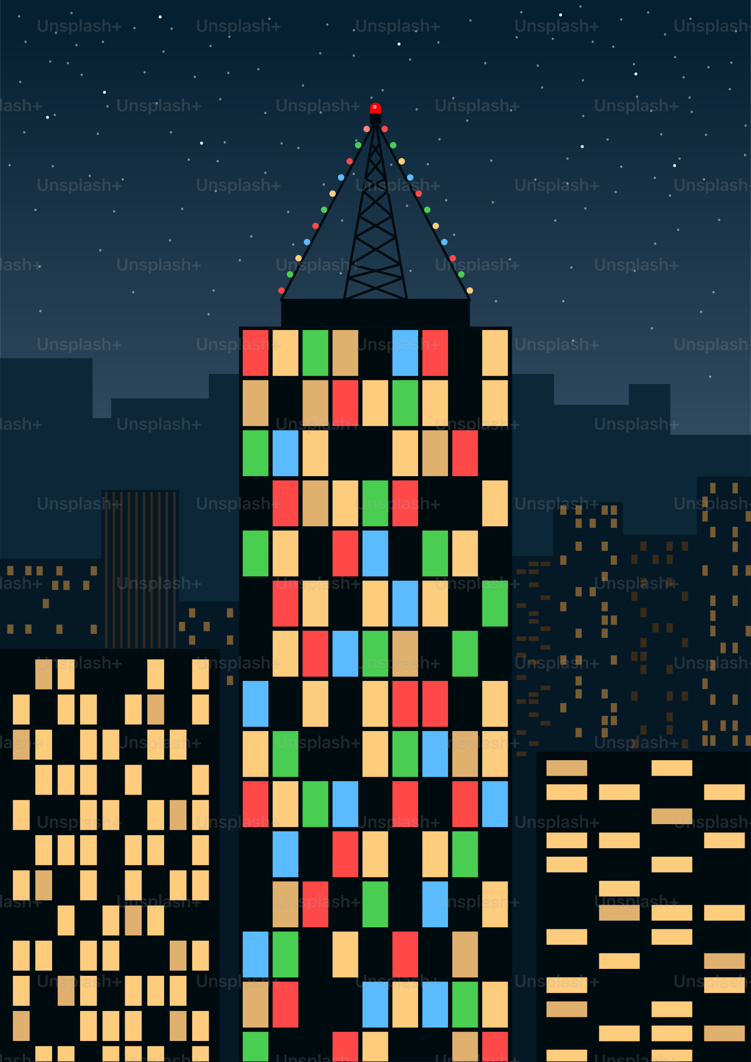 A tall building with a christmas tree on top of it