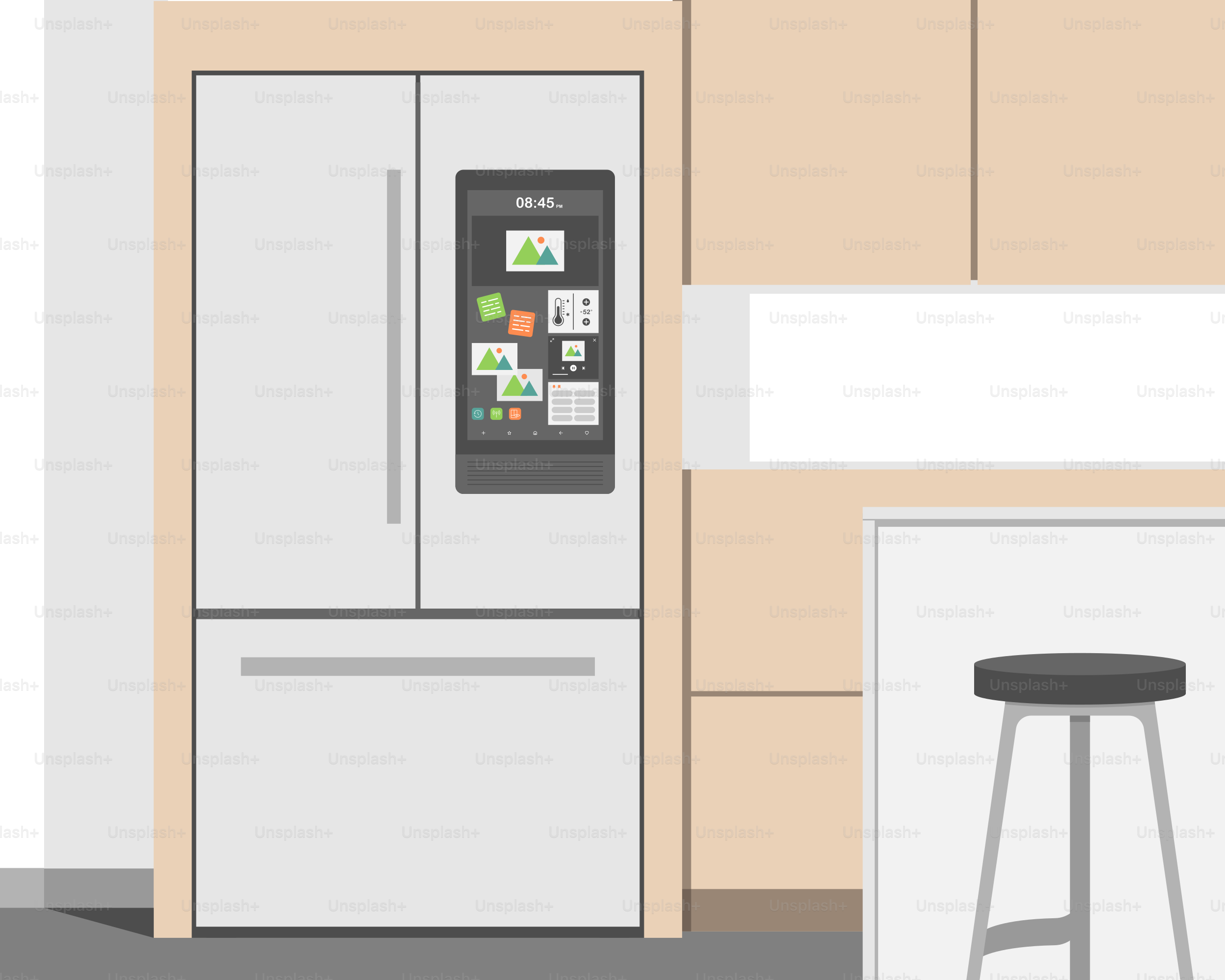 A kitchen with a counter, stools and a refrigerator