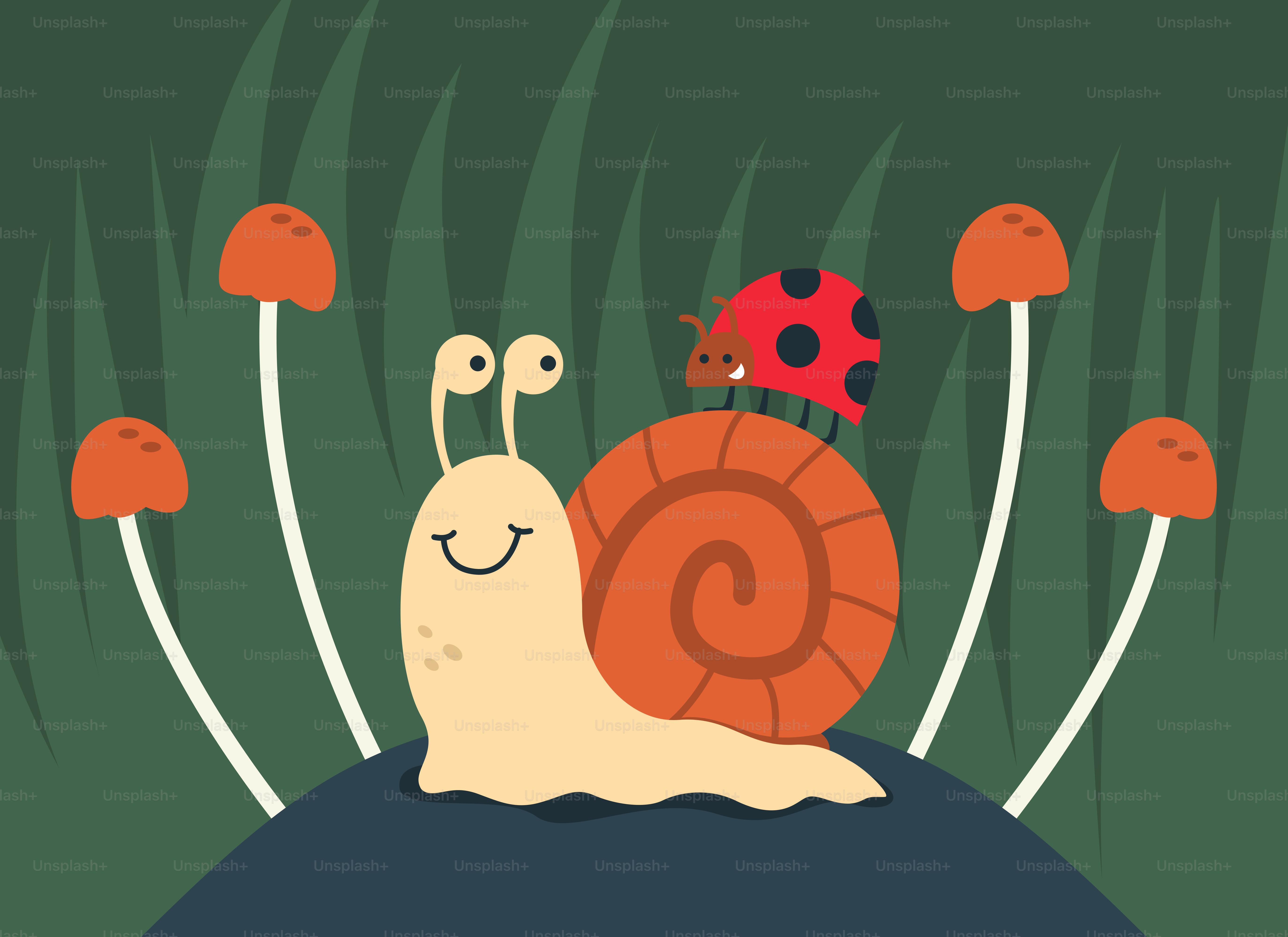 A snail with a ladybug sitting on top of it