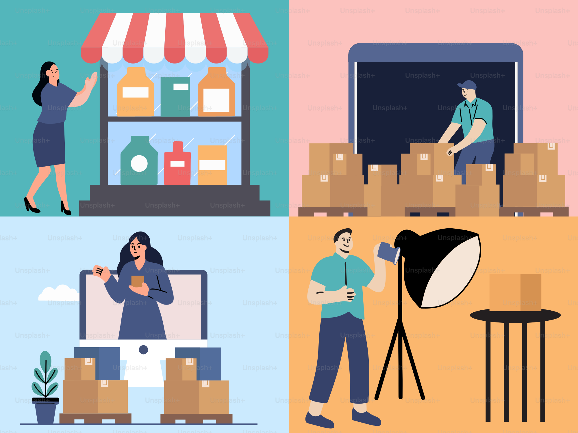 Una serie de ilustraciones de personas trabajando en diferentes lugares