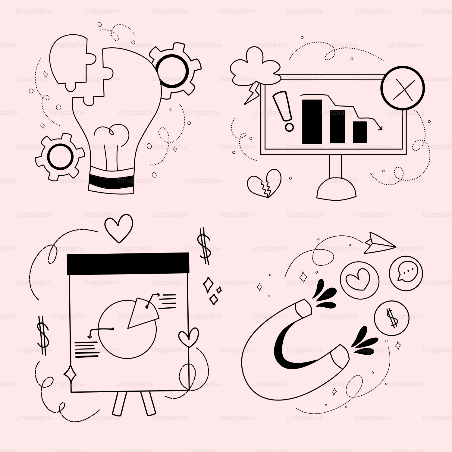 A pink background with black and white doodles