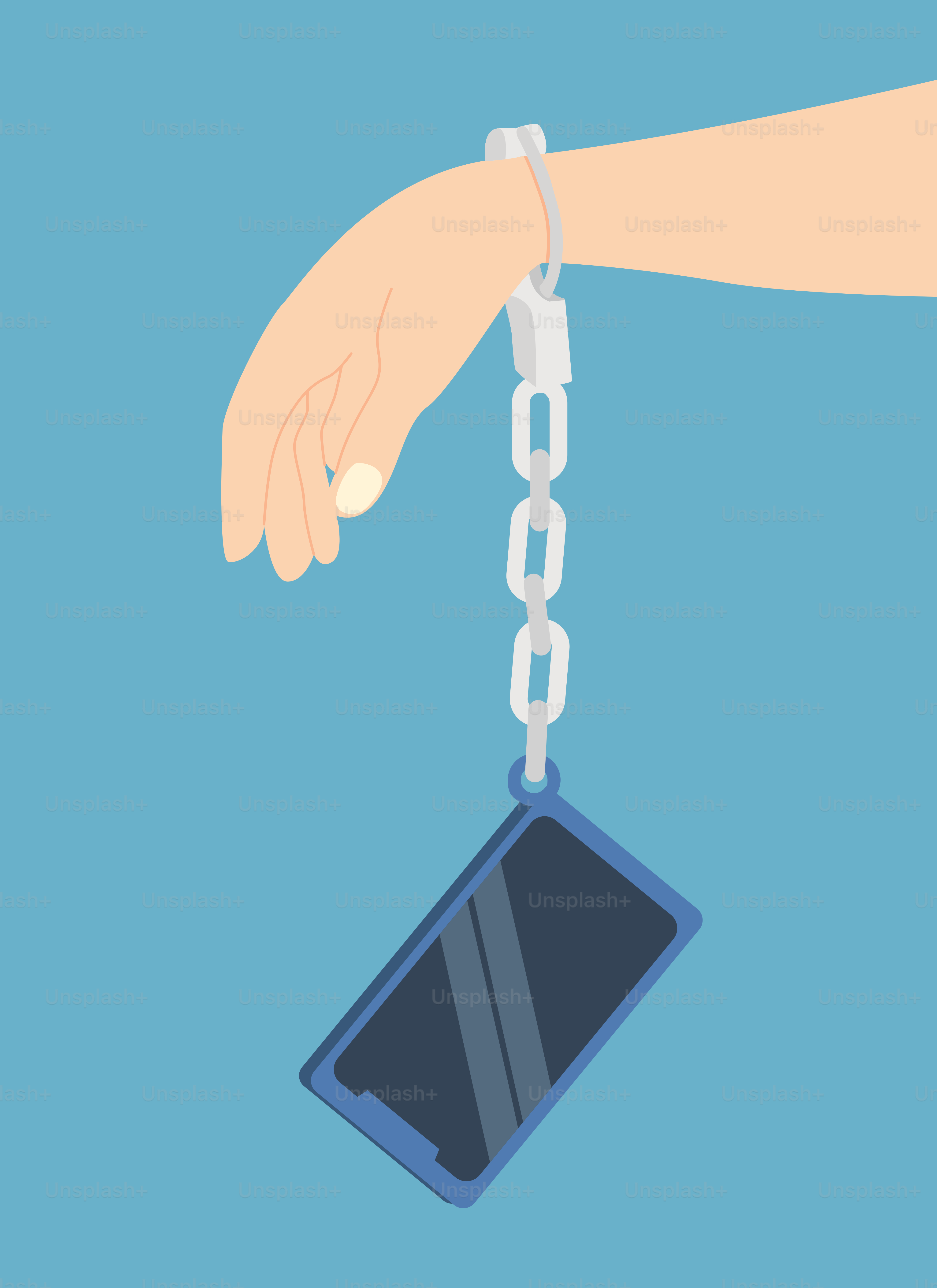A hand holding a chain with a wallet attached to it