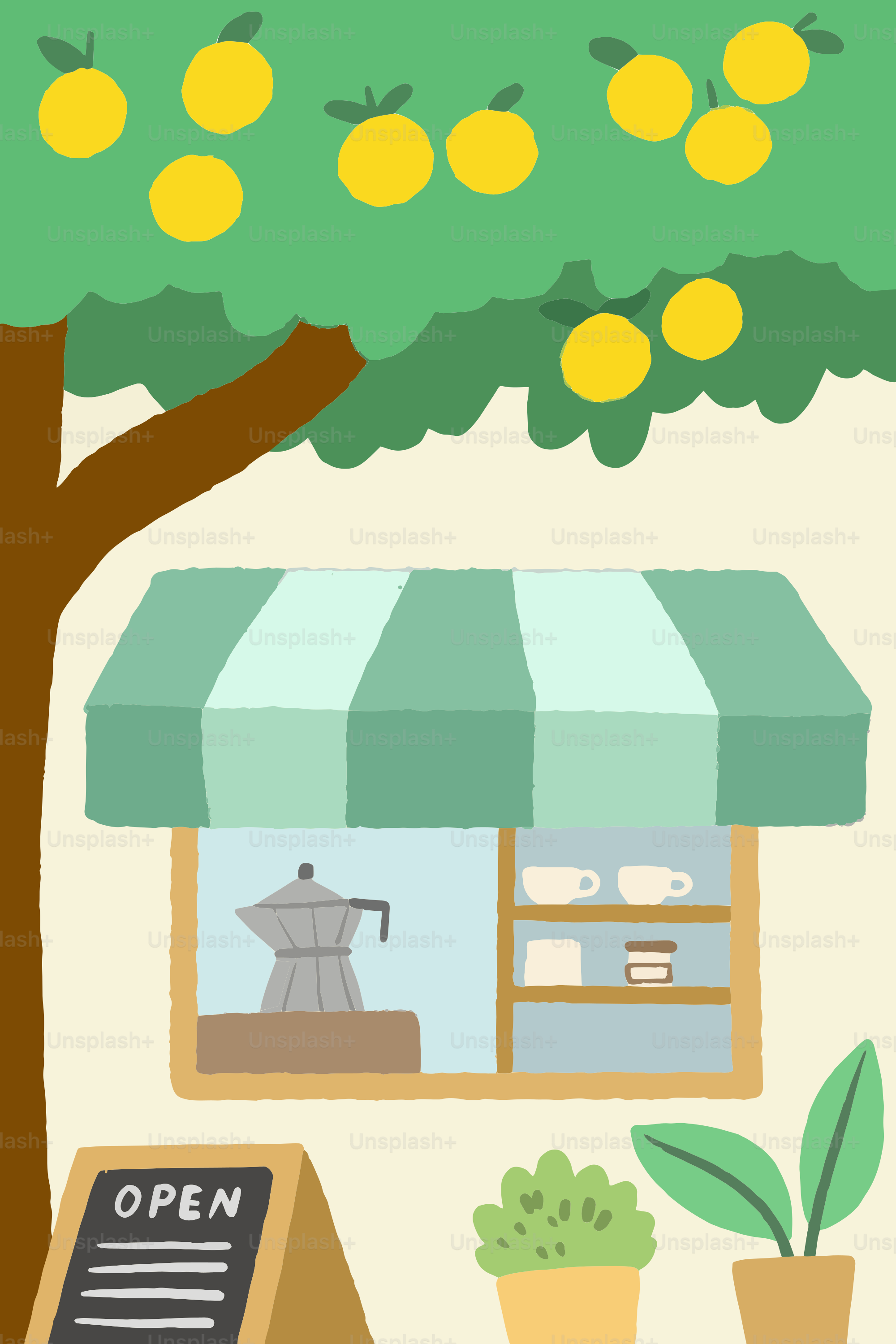 An illustration of a coffee shop with lemons on the tree