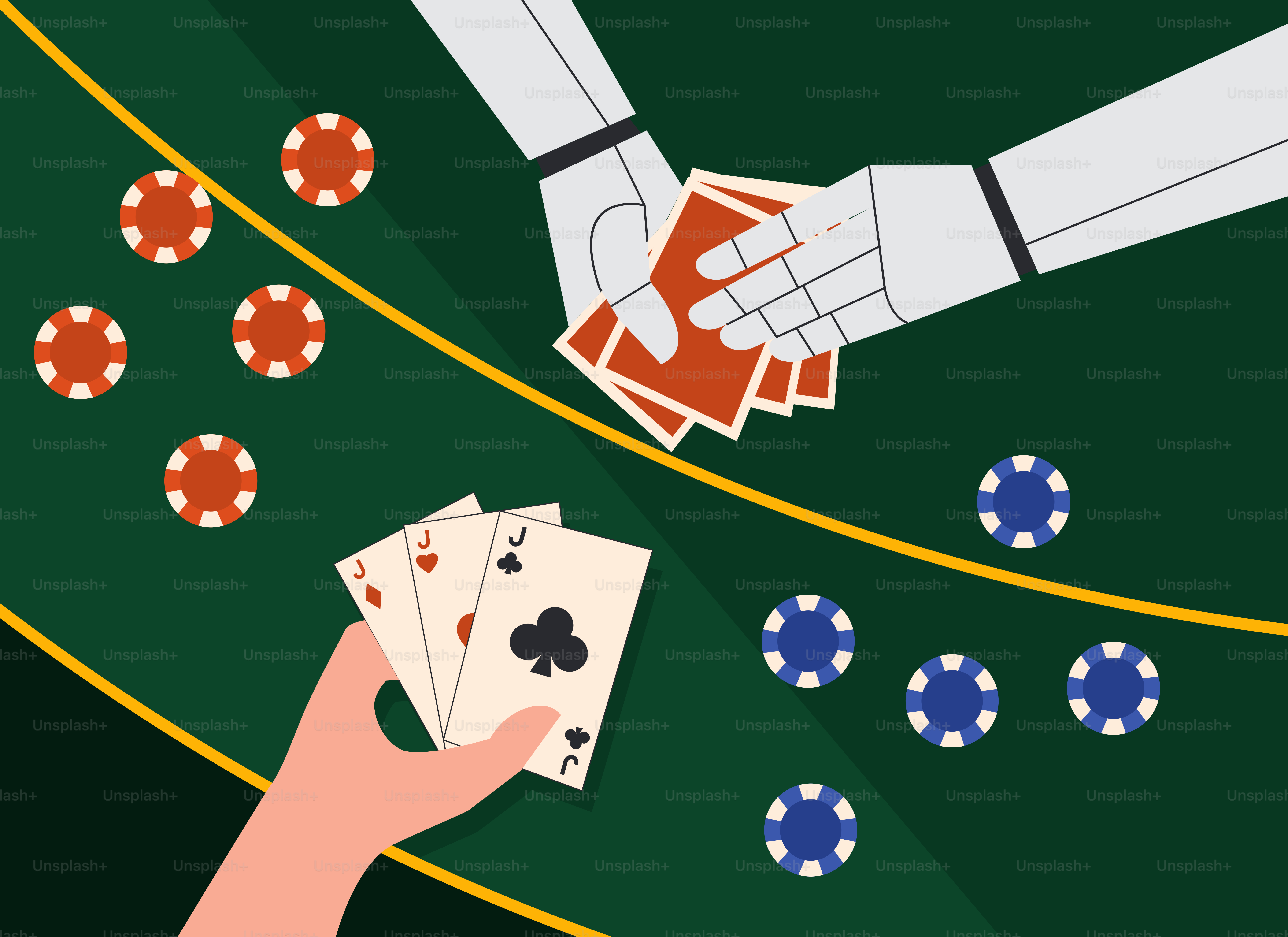 Two people shaking hands over playing cards