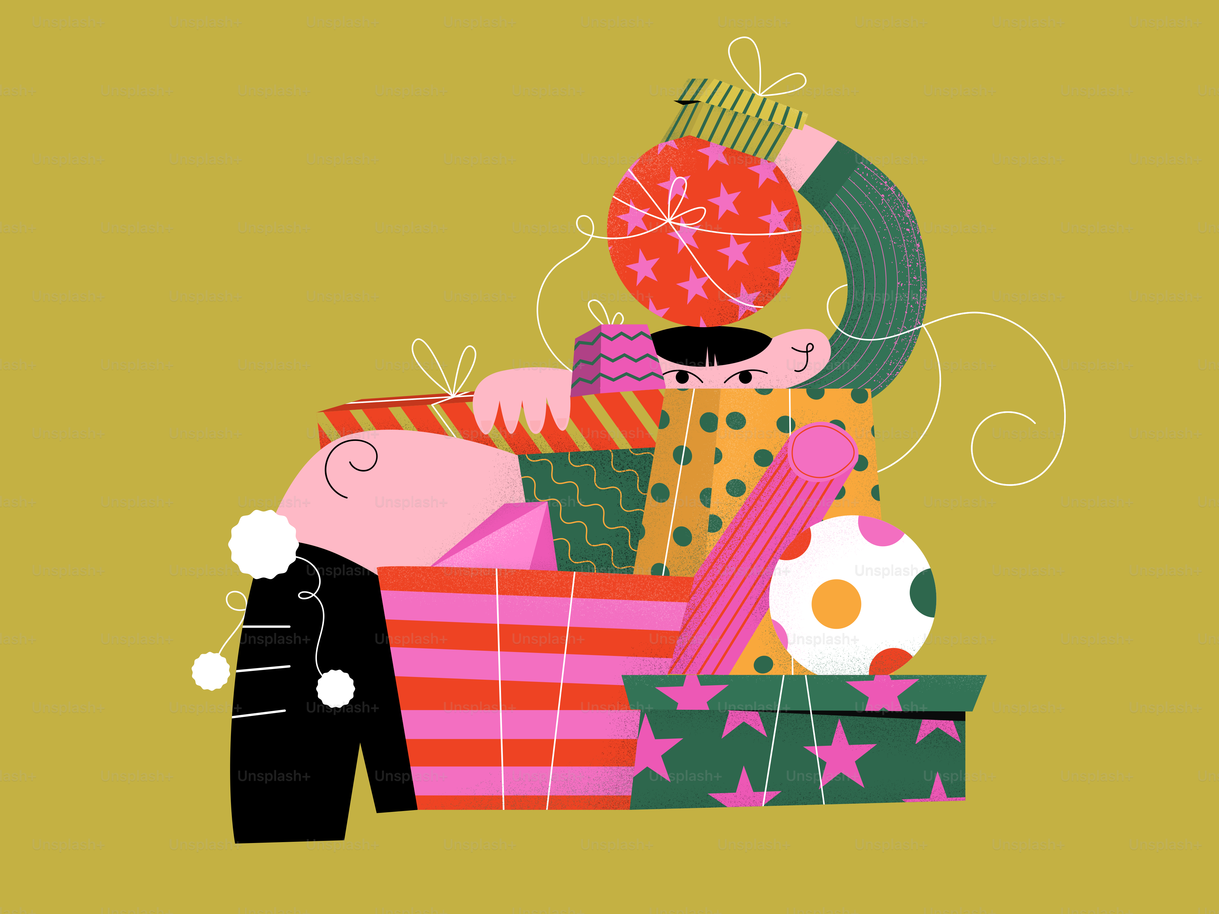 A dog is sitting in a pile of presents