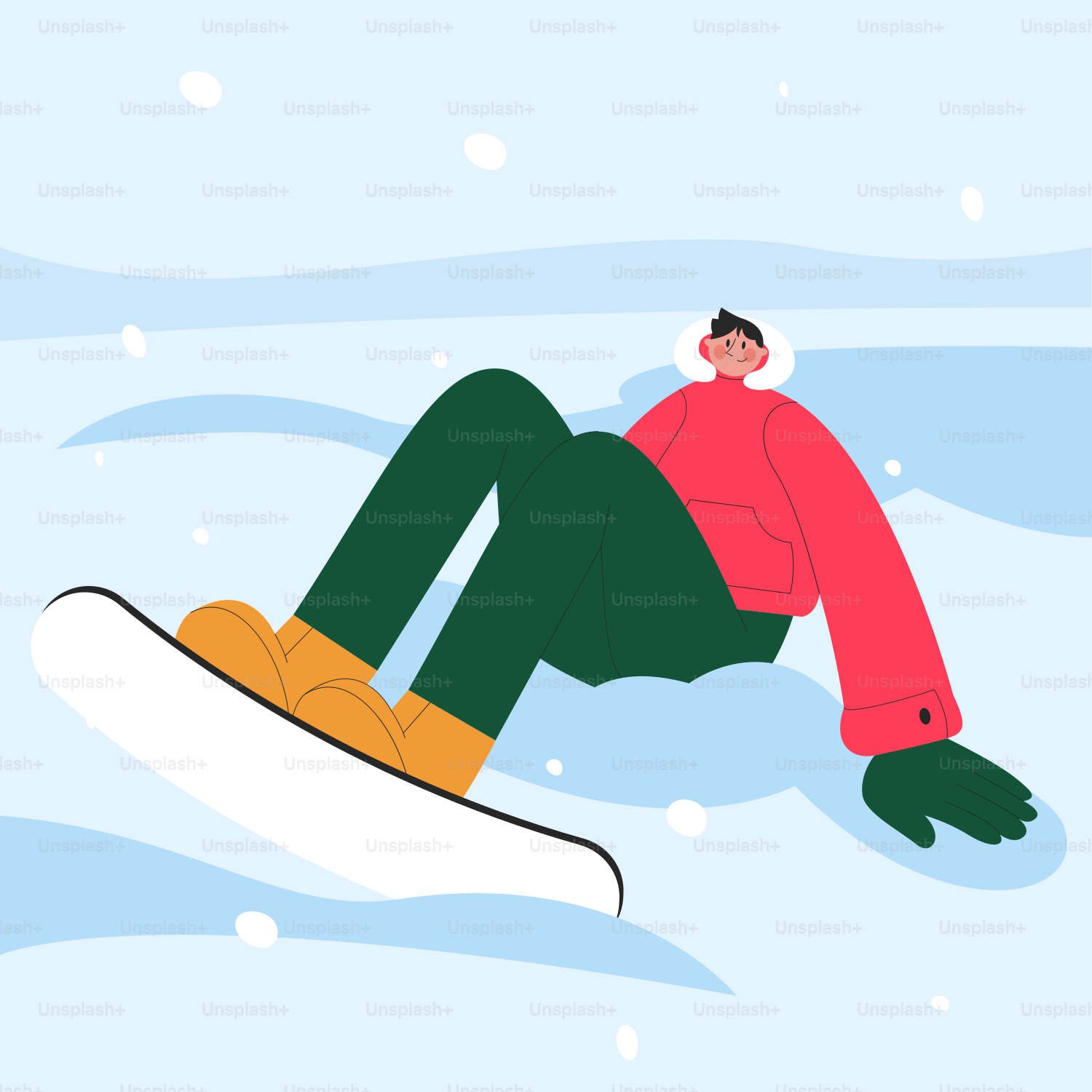 A man laying down on a snowboard in the snow