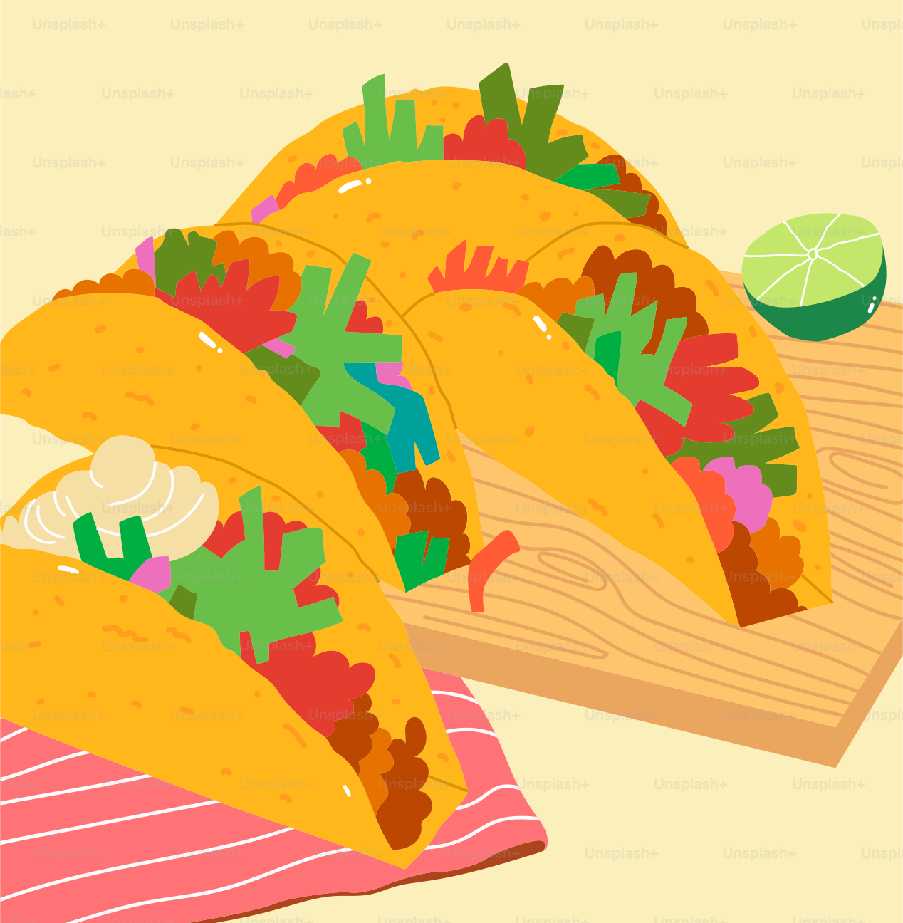 Trois tacos posés sur une planche à découper en bois