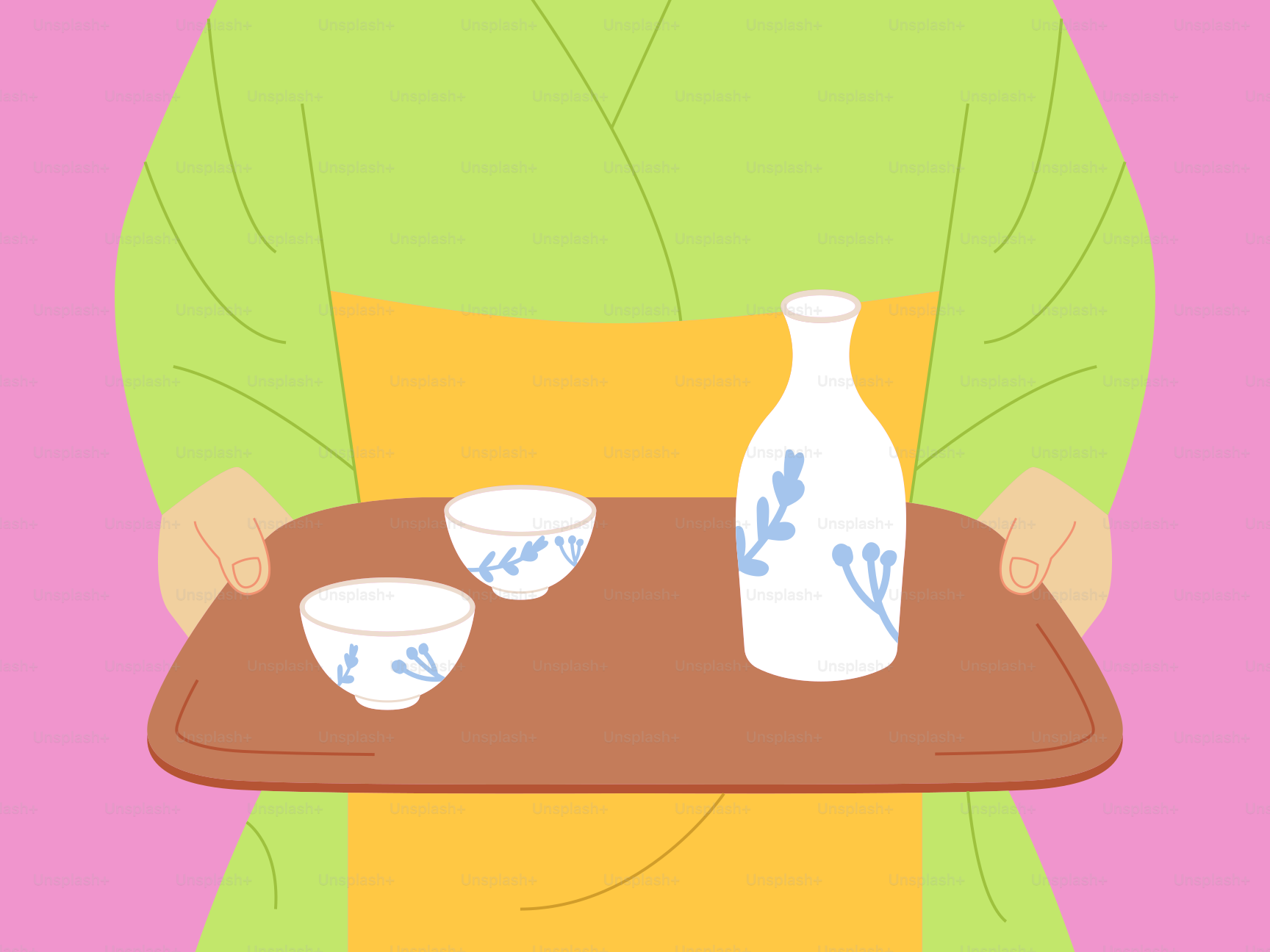 A person holding a tray with a bottle and cups on it