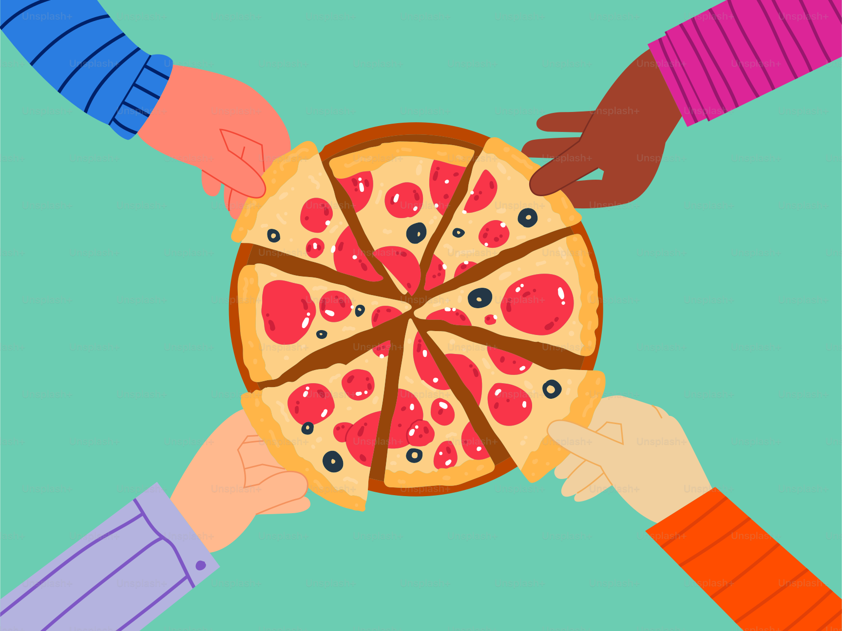 A group of people holding a pizza on top of each other