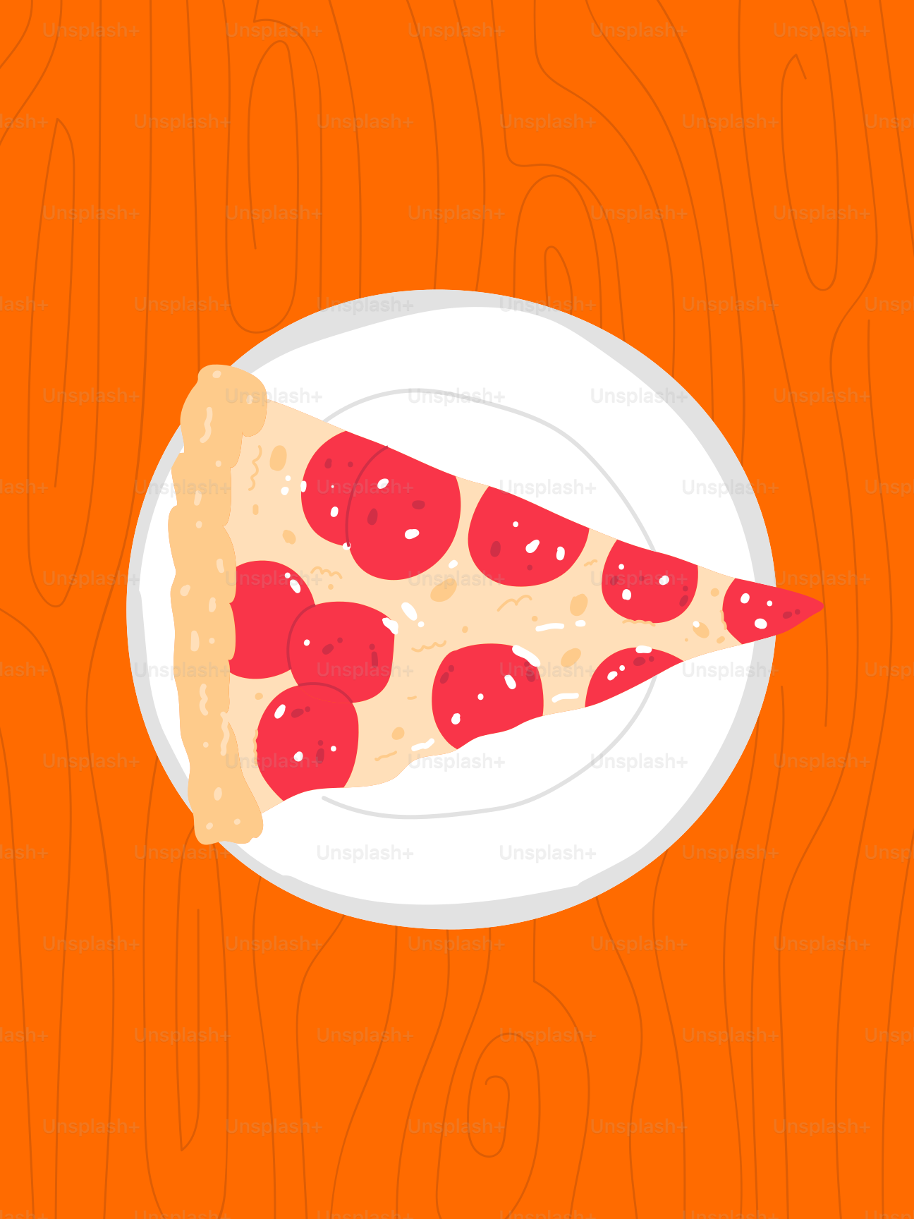 A piece of pizza on a plate on an orange background