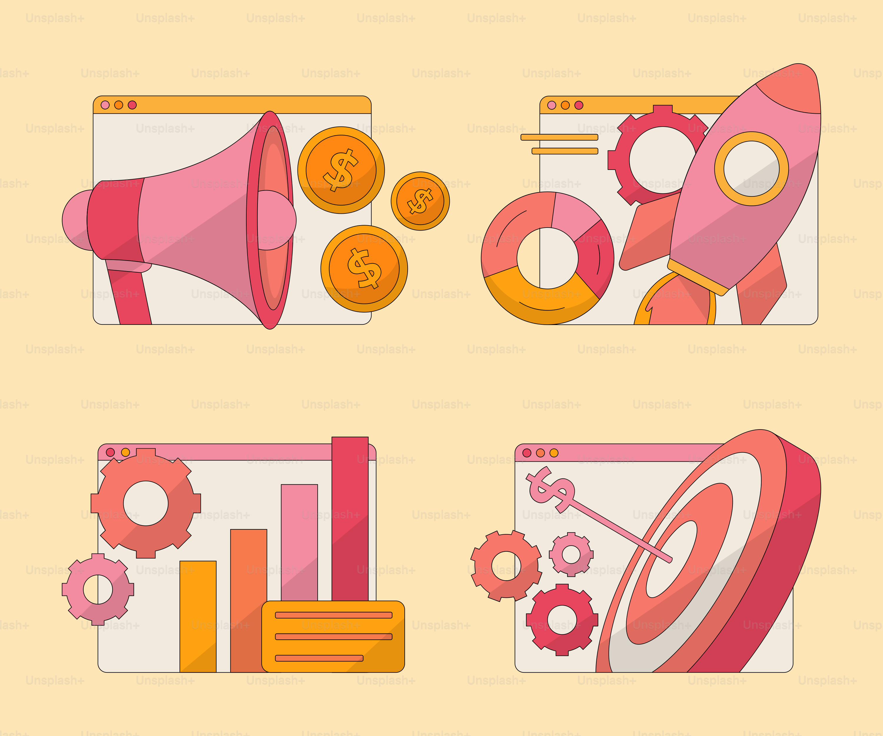 A set of flat design icons including a megaphone, a speaker, a clock